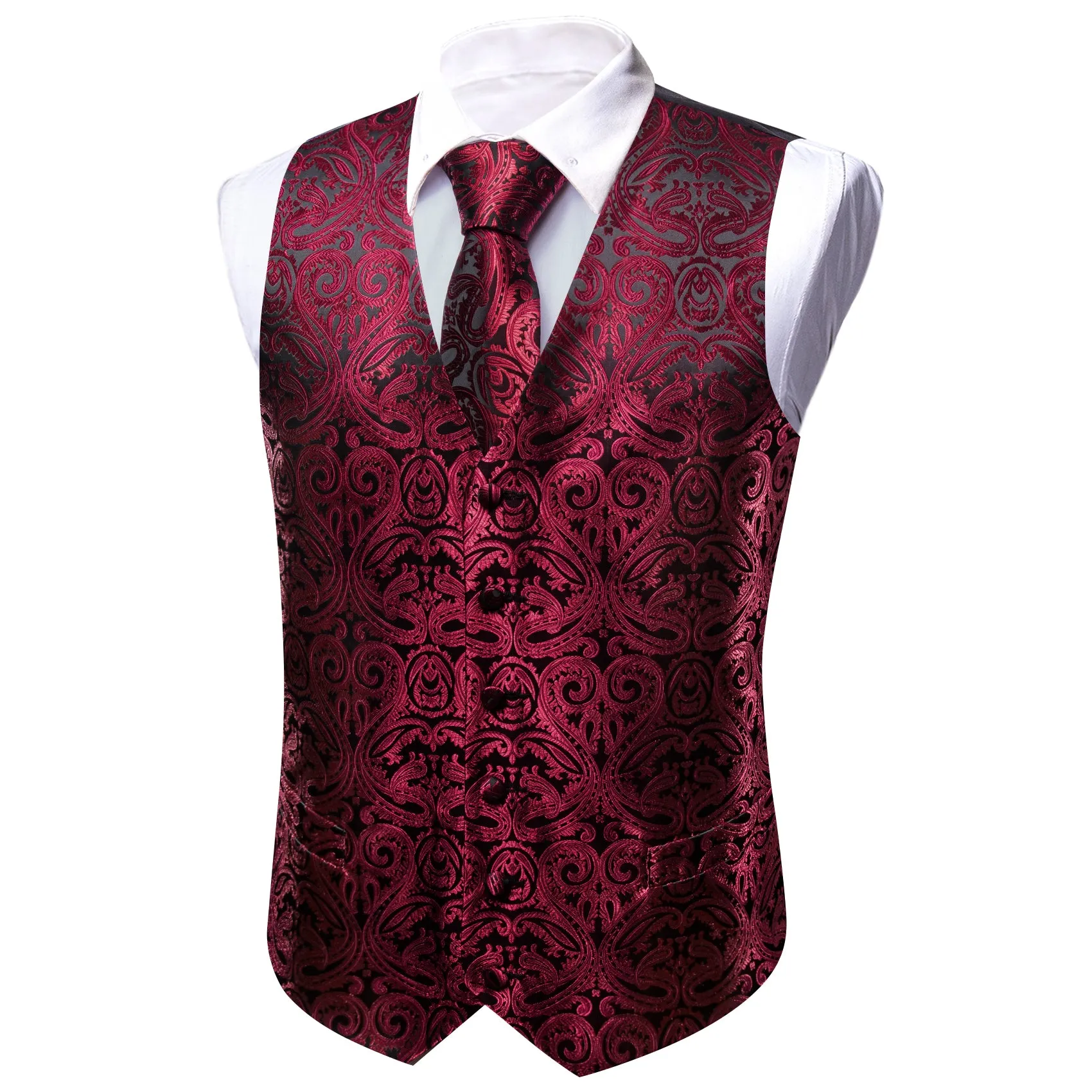 Barry. Wang Mens Burgundy Vest Suit 4PCS Silk Paisley Vest Necktie Hanky Cufflinks Set Business Woven Waistcoat for Suit Tuxedo sold by Barrywang product image thumbnail 3