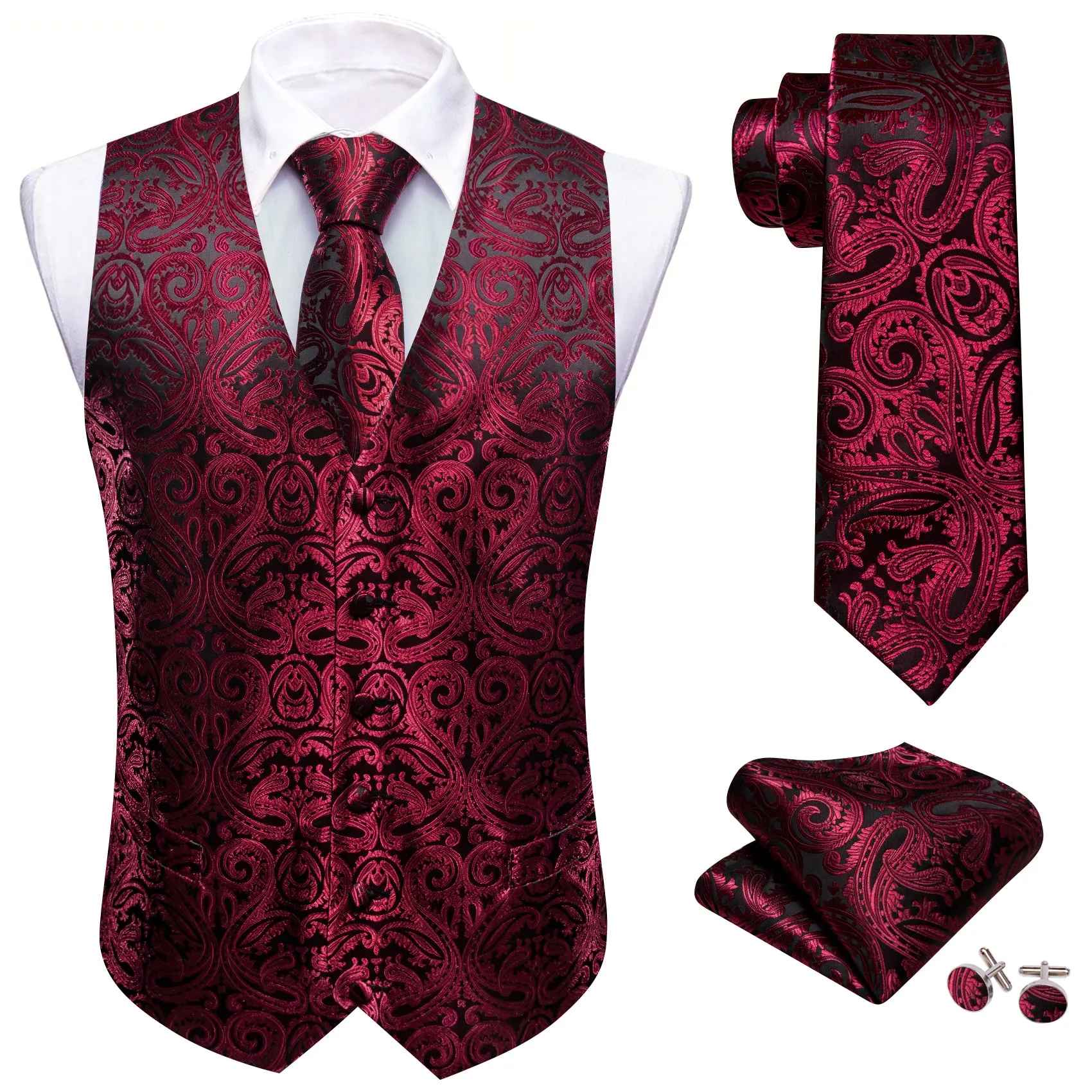 Barry. Wang Mens Burgundy Vest Suit 4PCS Silk Paisley Vest Necktie Hanky Cufflinks Set Business Woven Waistcoat for Suit Tuxedo sold by Barrywang product image thumbnail 5
