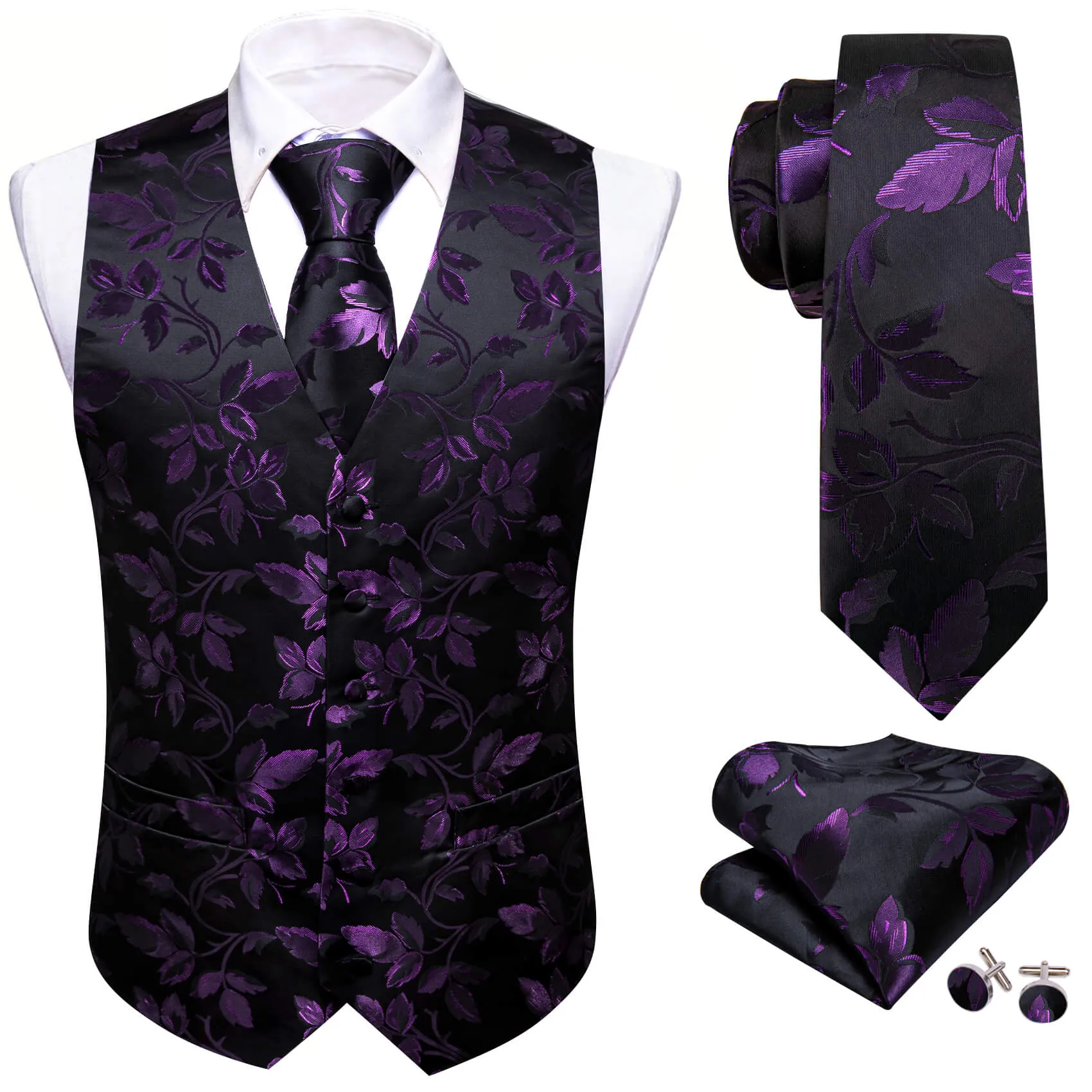 Barry. Wang Mens Black Suit Vest Purple Floral Jacquared Formal Dress Waistcoat Necktie Pocket Square Cufflinks Set sold by Barrywang product image thumbnail 2