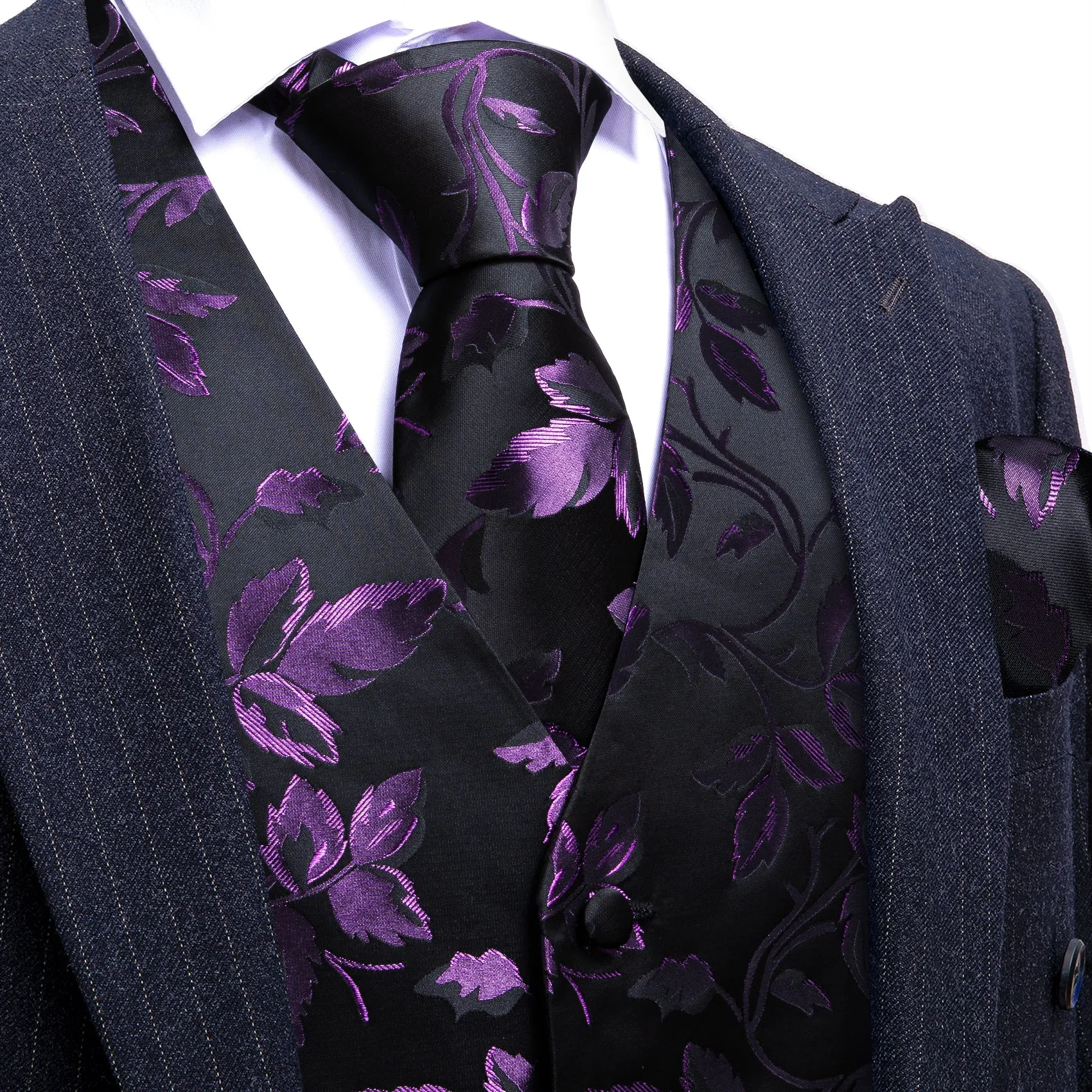Barry. Wang Mens Black Suit Vest Purple Floral Jacquared Formal Dress Waistcoat Necktie Pocket Square Cufflinks Set sold by Barrywang product image thumbnail 3