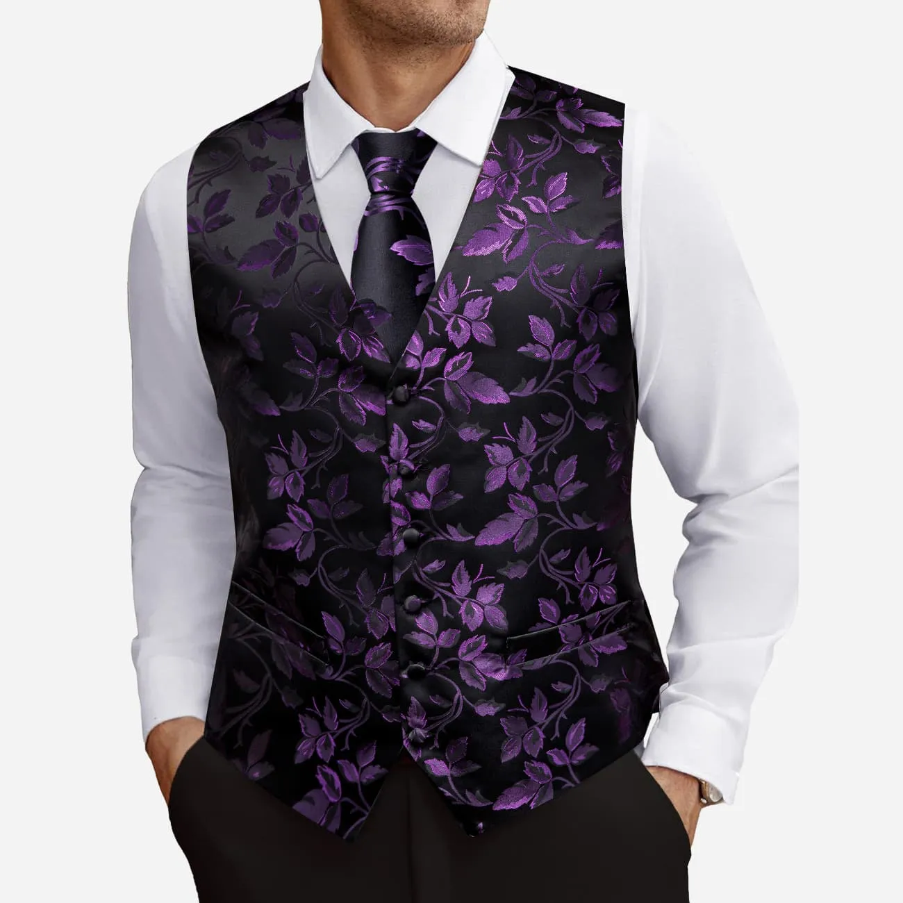 Barry. Wang Mens Black Suit Vest Purple Floral Jacquared Formal Dress Waistcoat Necktie Pocket Square Cufflinks Set sold by Barrywang product image thumbnail 4