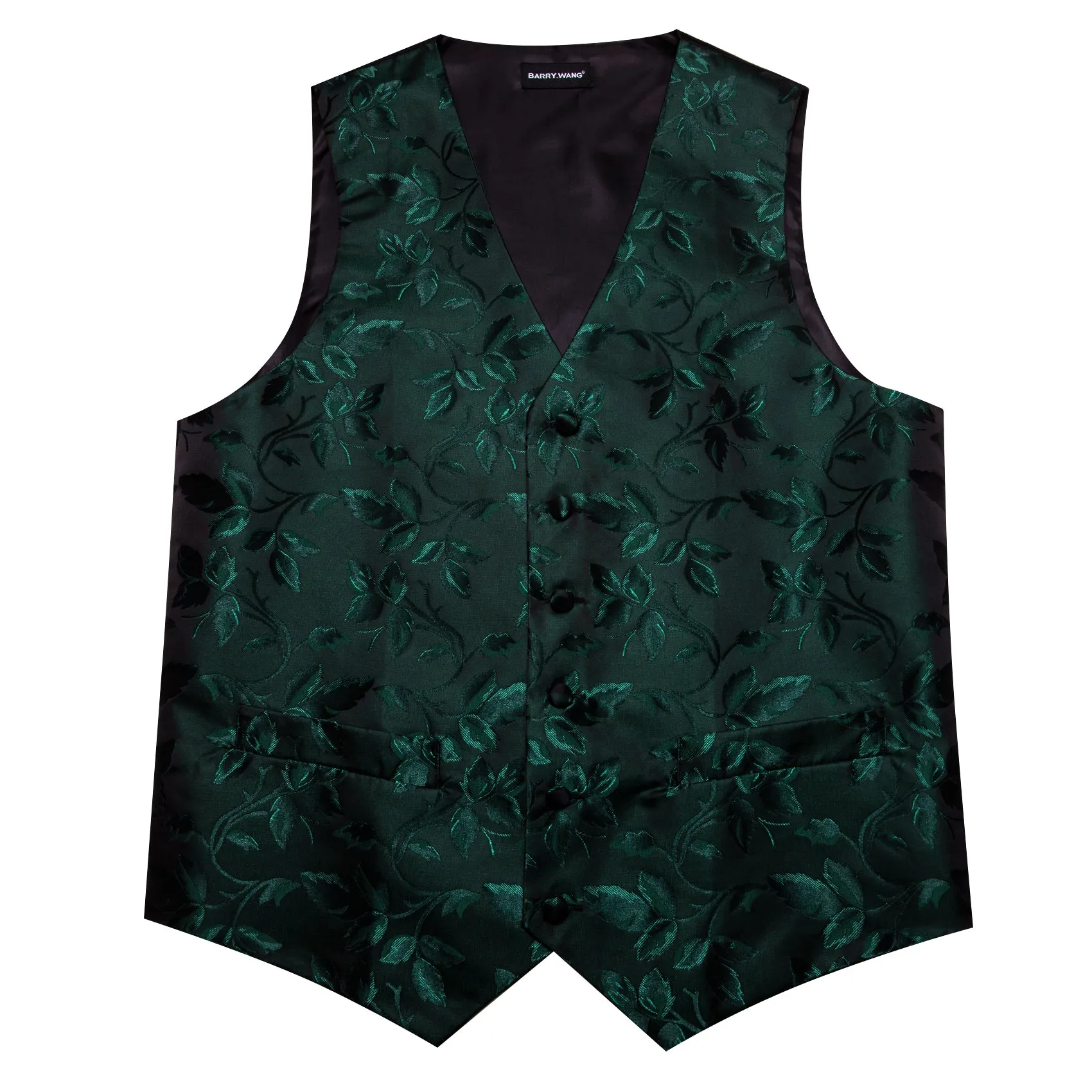 Barry. Wang Mens Black Suit Waistcoat Silk Hunter Green Floral Dress Vest Necktie Pocket Square Set for Wedding Party sold by Barrywang product image thumbnail 4