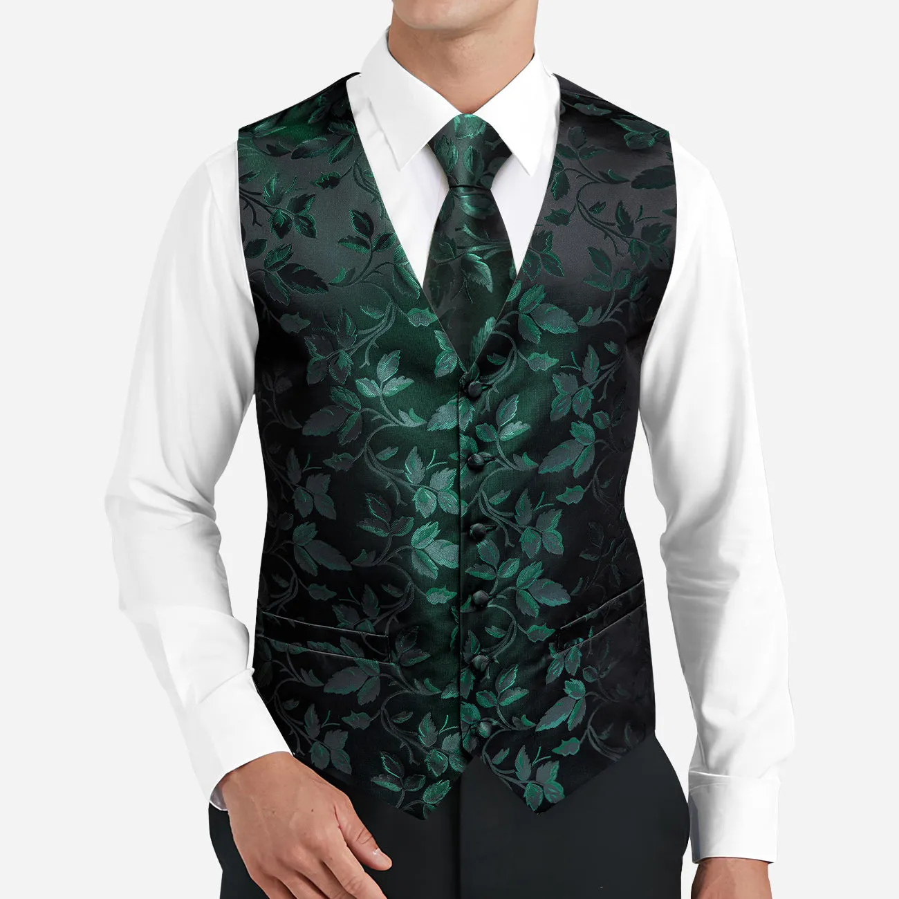 Barry. Wang Mens Black Suit Waistcoat Silk Hunter Green Floral Dress Vest Necktie Pocket Square Set for Wedding Party sold by Barrywang