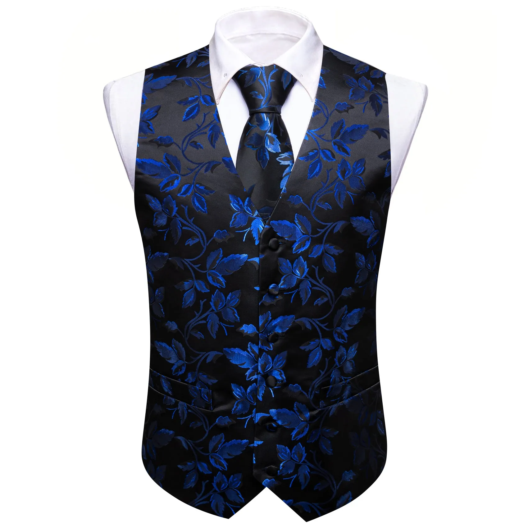 Barry. Wang Mens Suit Vest Black Blue Floral Jacquared Formal Dress Waistcoat Necktie Pocket Square Cufflinks Set sold by Barrywang product image thumbnail 3