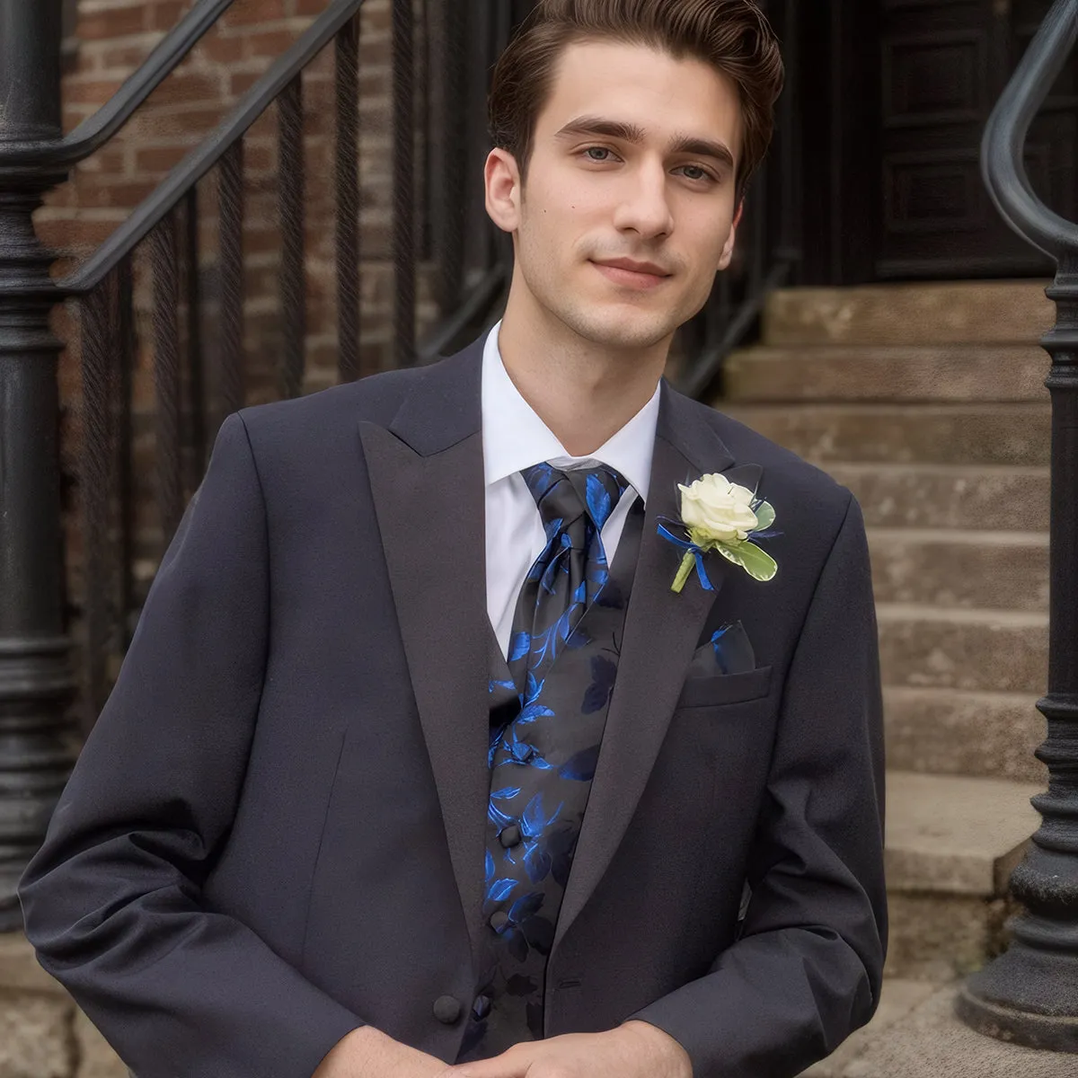 Barry. Wang Mens Suit Vest Black Blue Floral Jacquared Formal Dress Waistcoat Necktie Pocket Square Cufflinks Set sold by Barrywang product image thumbnail 2