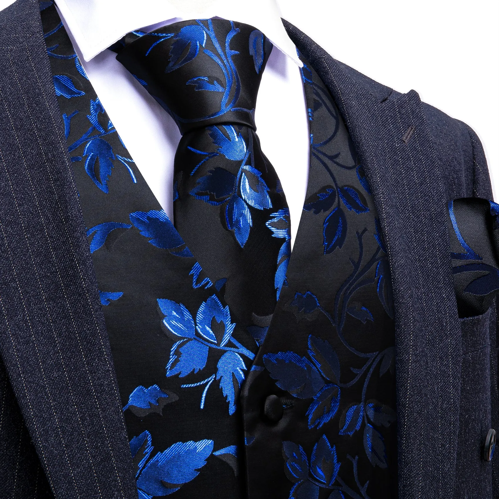 Barry. Wang Mens Suit Vest Black Blue Floral Jacquared Formal Dress Waistcoat Necktie Pocket Square Cufflinks Set sold by Barrywang