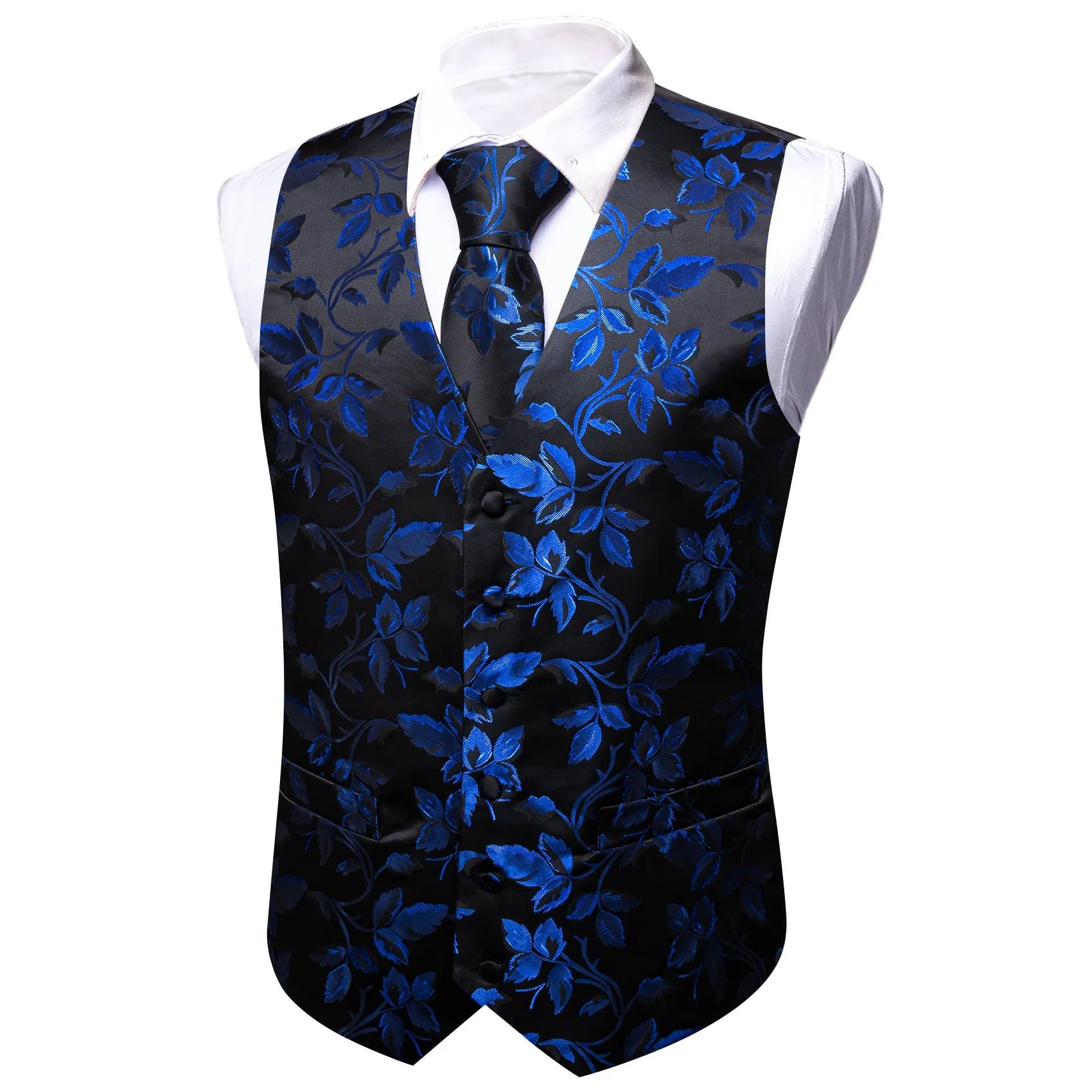 Barry. Wang Mens Suit Vest Black Blue Floral Jacquared Formal Dress Waistcoat Necktie Pocket Square Cufflinks Set sold by Barrywang product image thumbnail 4