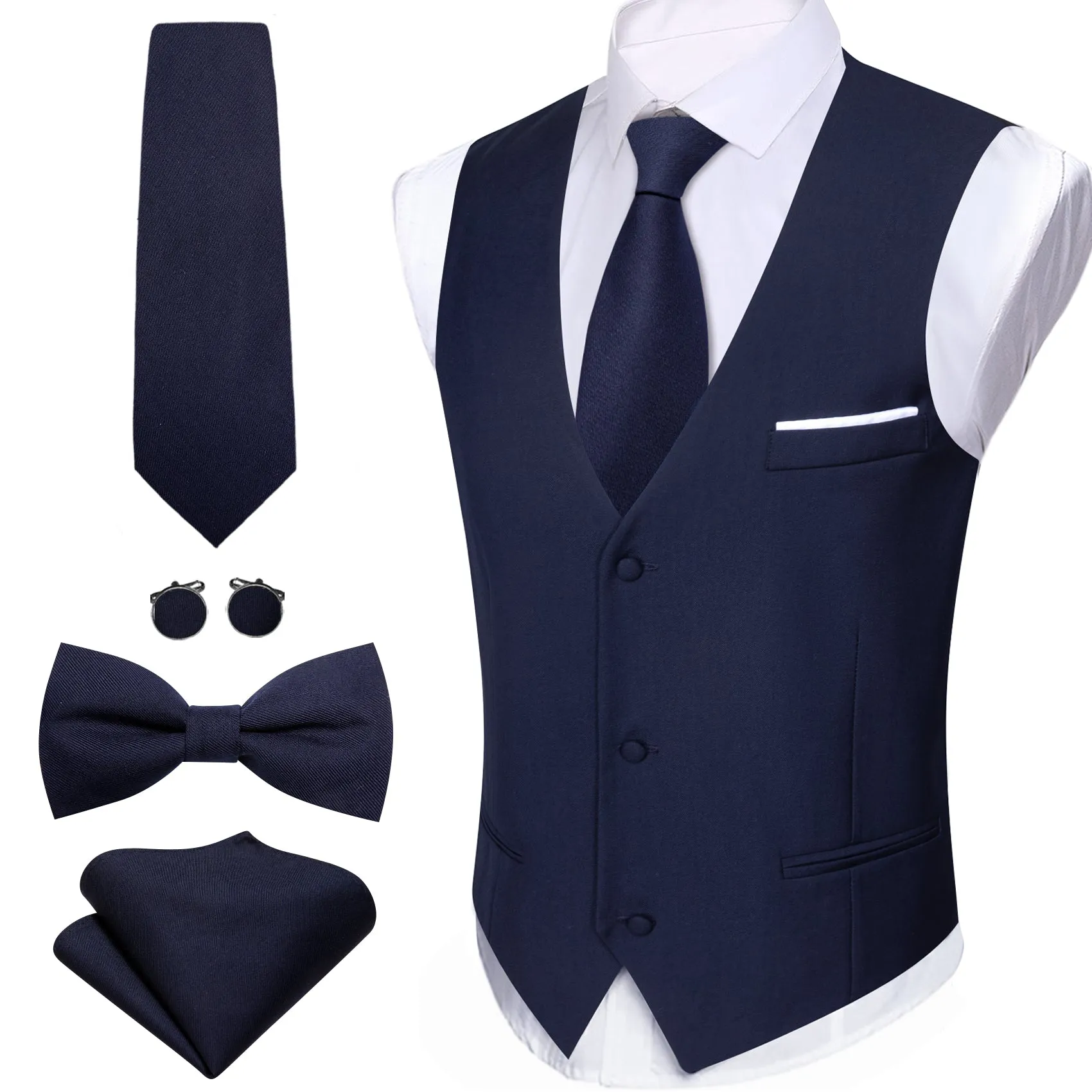 Barry. Wang Mens Navy Blue Suit Vest Formal V-neck Slim Fit Casual Solid Color Waistcoat Necktie Bowtie Pocket Square Cufflinks Set Business 5PCS sold by Barrywang product image thumbnail 3
