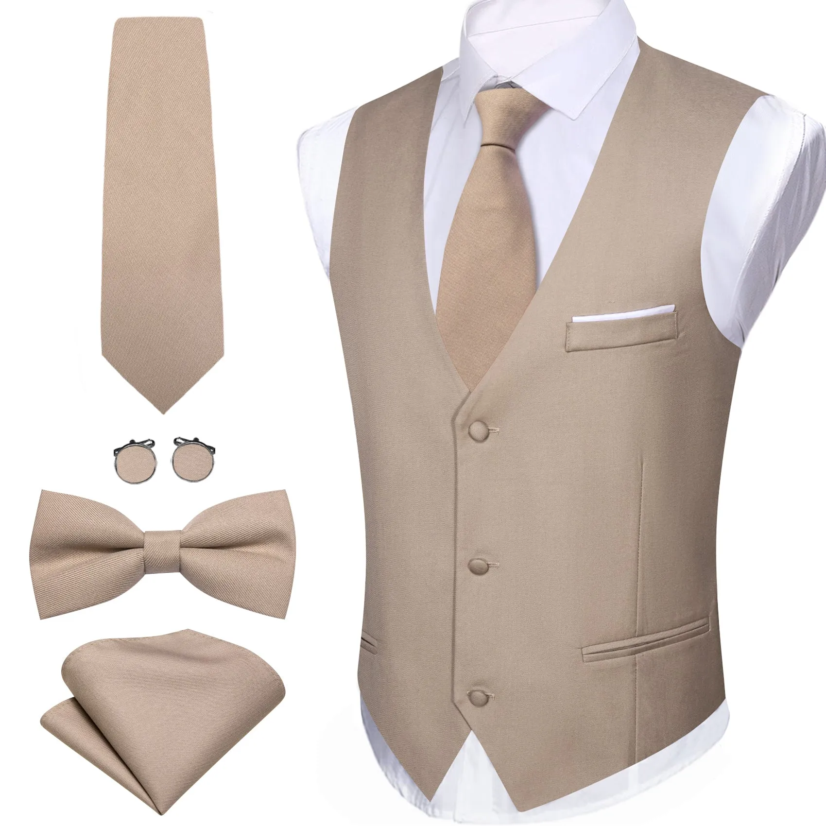 Barry. Wang Mens Khaki Suit Vest Formal V-neck Slim Fit Casual Solid Color Waistcoat Necktie Bowtie Pocket Square Cufflinks Set Business 5PCS sold by Barrywang product image thumbnail 2
