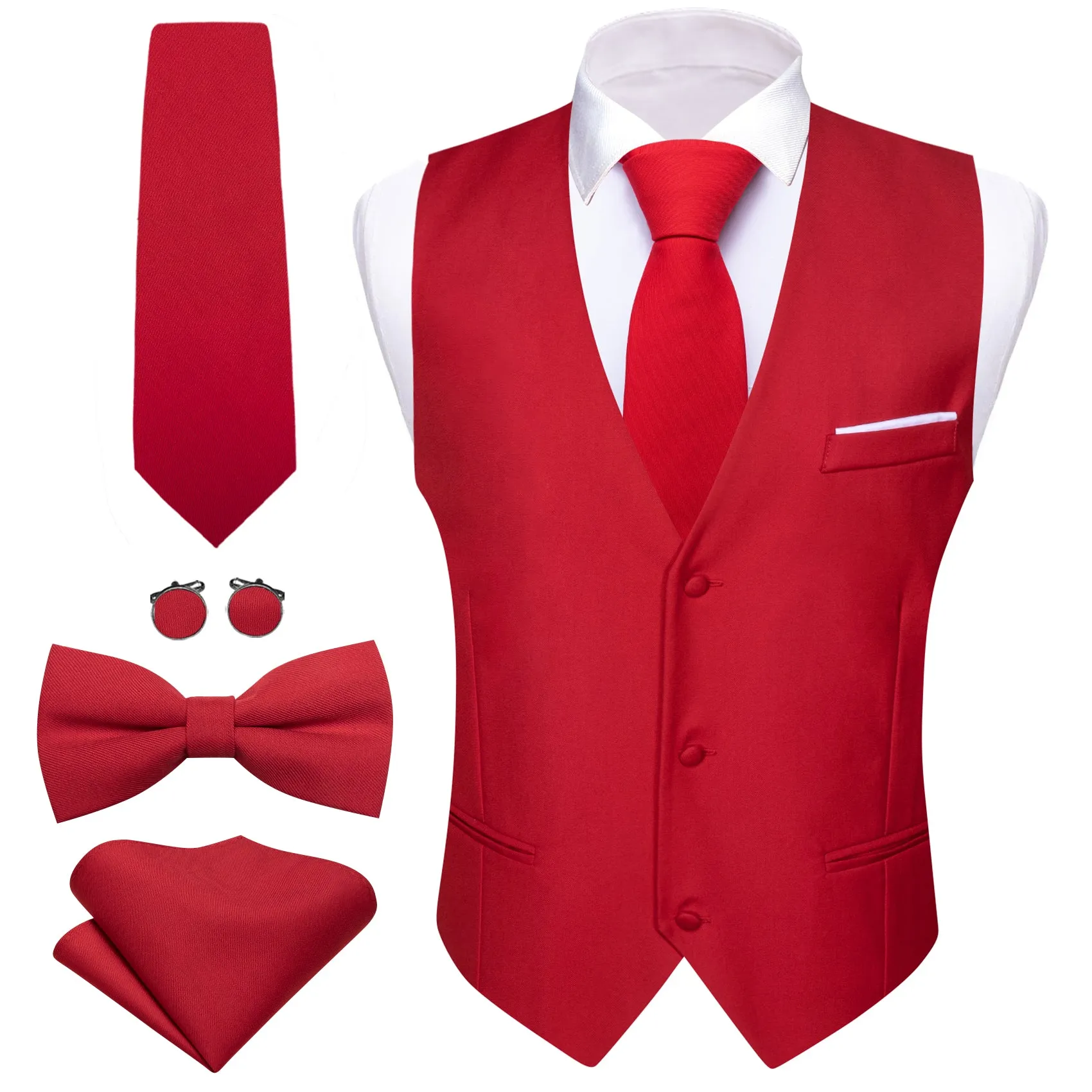 Barry. Wang Mens Red Suit Vest Formal V-neck Slim Fit Casual Solid Color Waistcoat Necktie Bowtie Pocket Square Cufflinks Set Business 5PCS sold by Barrywang product image thumbnail 2
