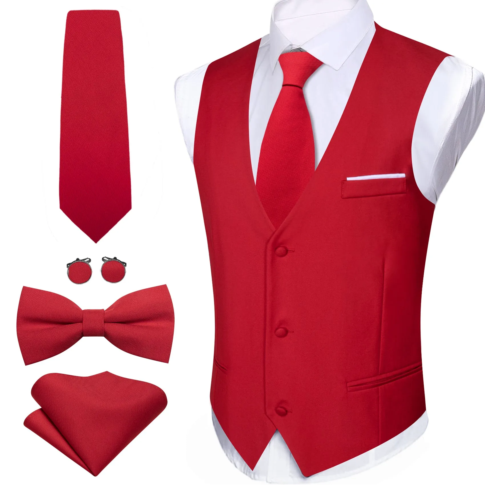 Barry. Wang Mens Red Suit Vest Formal V-neck Slim Fit Casual Solid Color Waistcoat Necktie Bowtie Pocket Square Cufflinks Set Business 5PCS sold by Barrywang product image thumbnail 3