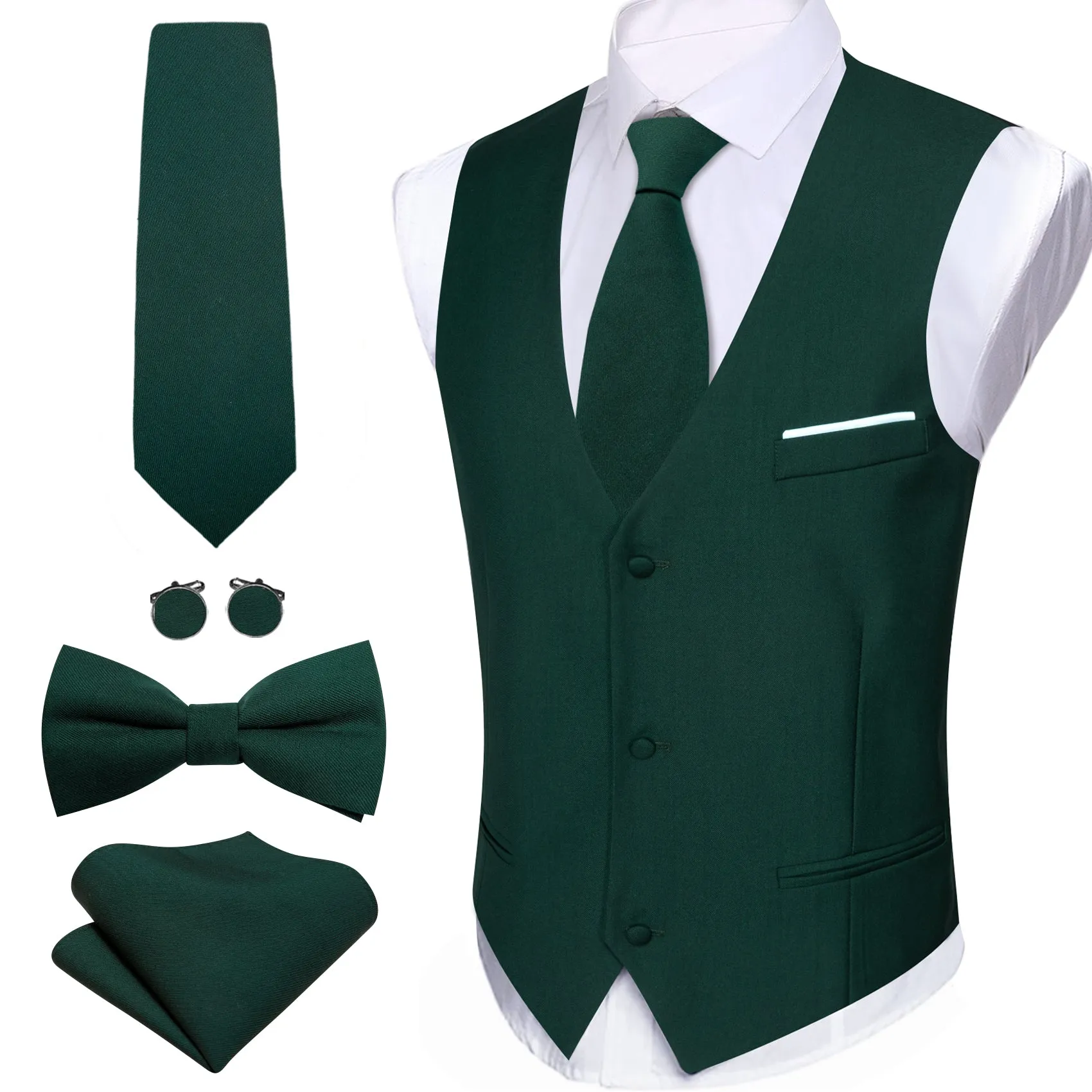 Barry. Wang Mens Hunter Green Suit Vest Formal V-neck Slim Fit Casual Solid Color Waistcoat Necktie Bowtie Pocket Square Cufflinks Set Business 5PCS sold by Barrywang product image thumbnail 3