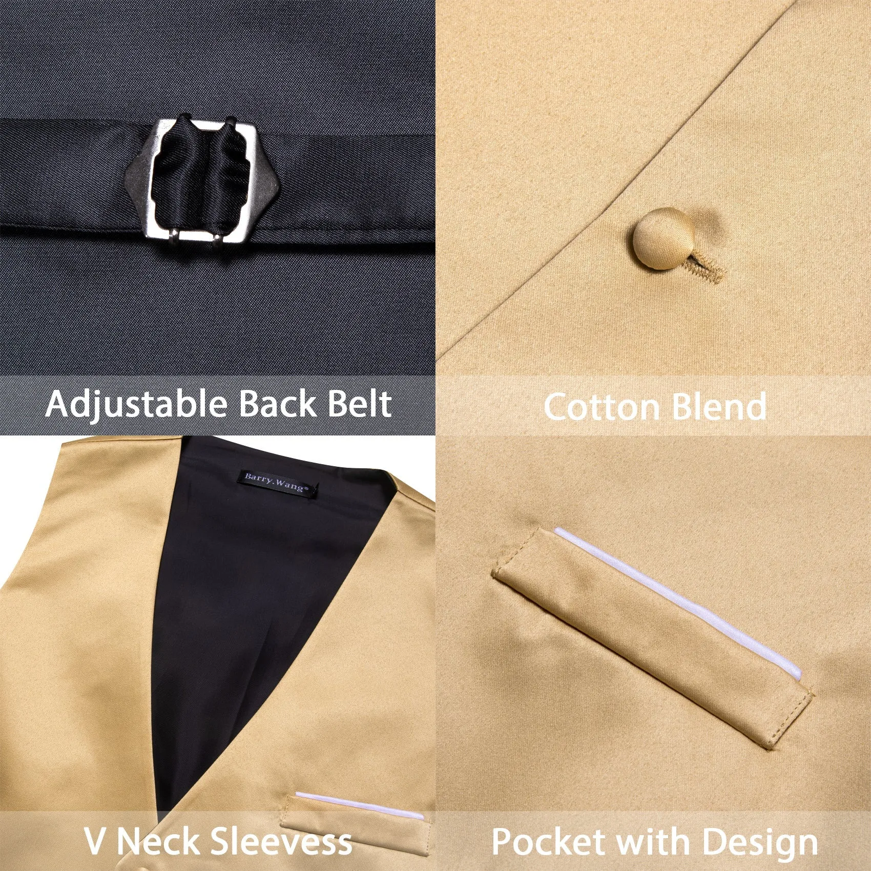 Barry. Wang Mens Champagne Suit Vest Formal V-neck Slim Fit Casual Solid Color Waistcoat Necktie Bowtie Pocket Square Cufflinks Set Business 5PCS sold by Barrywang product image thumbnail 5