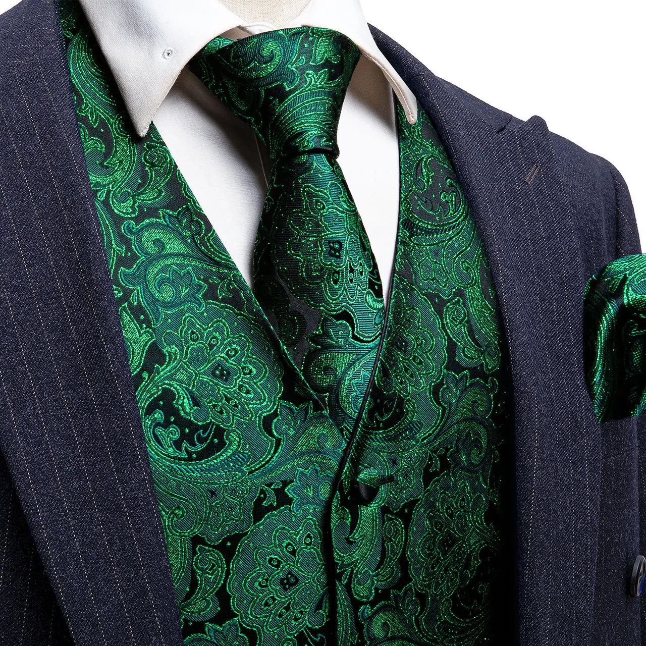 Barry. Wang Green Mens suit Vest Paisley Floral Jacquard Formal Waistcoat Pocket Square Cufflinks Set for For Tuxedo Wedding Party Business sold by Barrywang