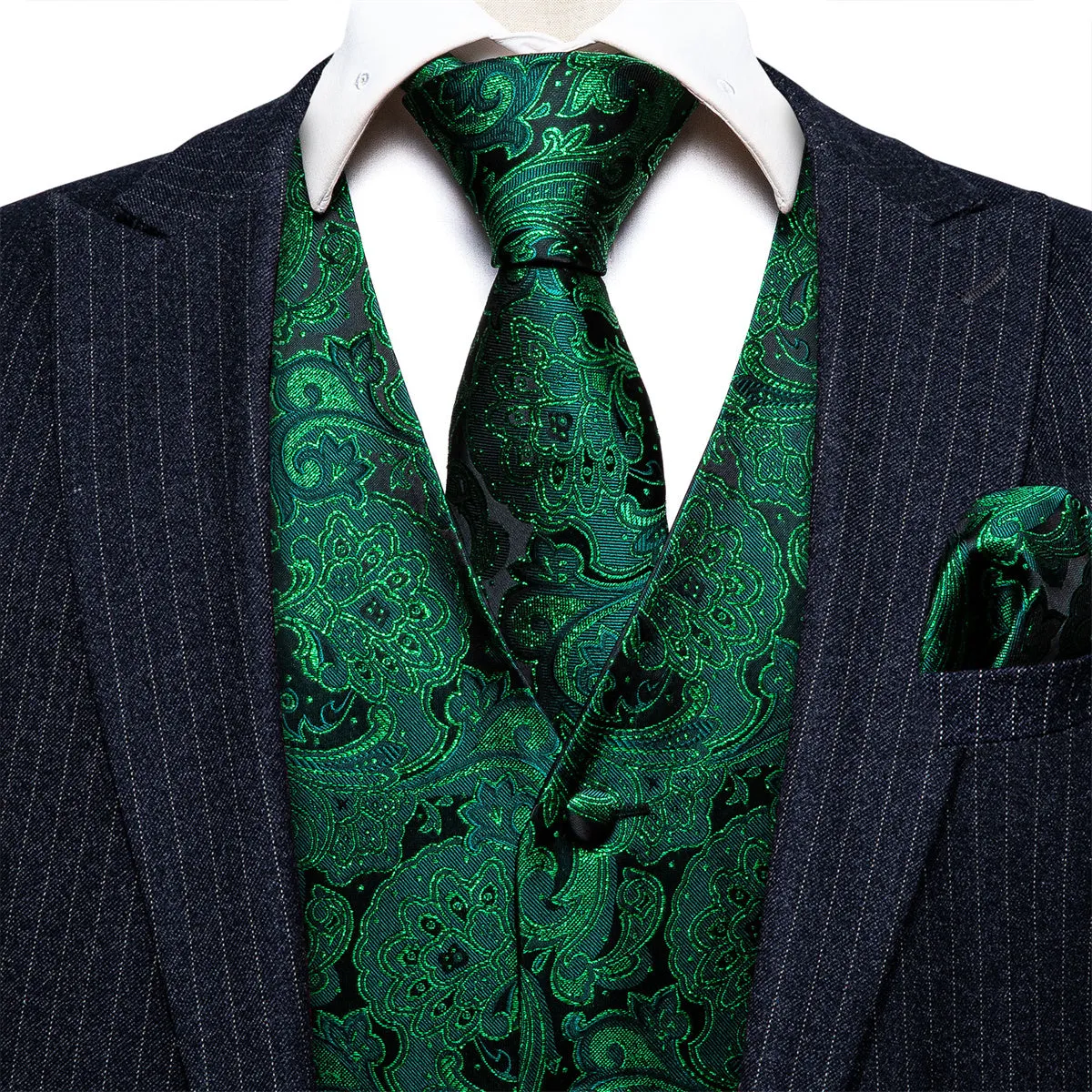 Barry. Wang Green Mens suit Vest Paisley Floral Jacquard Formal Waistcoat Pocket Square Cufflinks Set for For Tuxedo Wedding Party Business sold by Barrywang product image thumbnail 2
