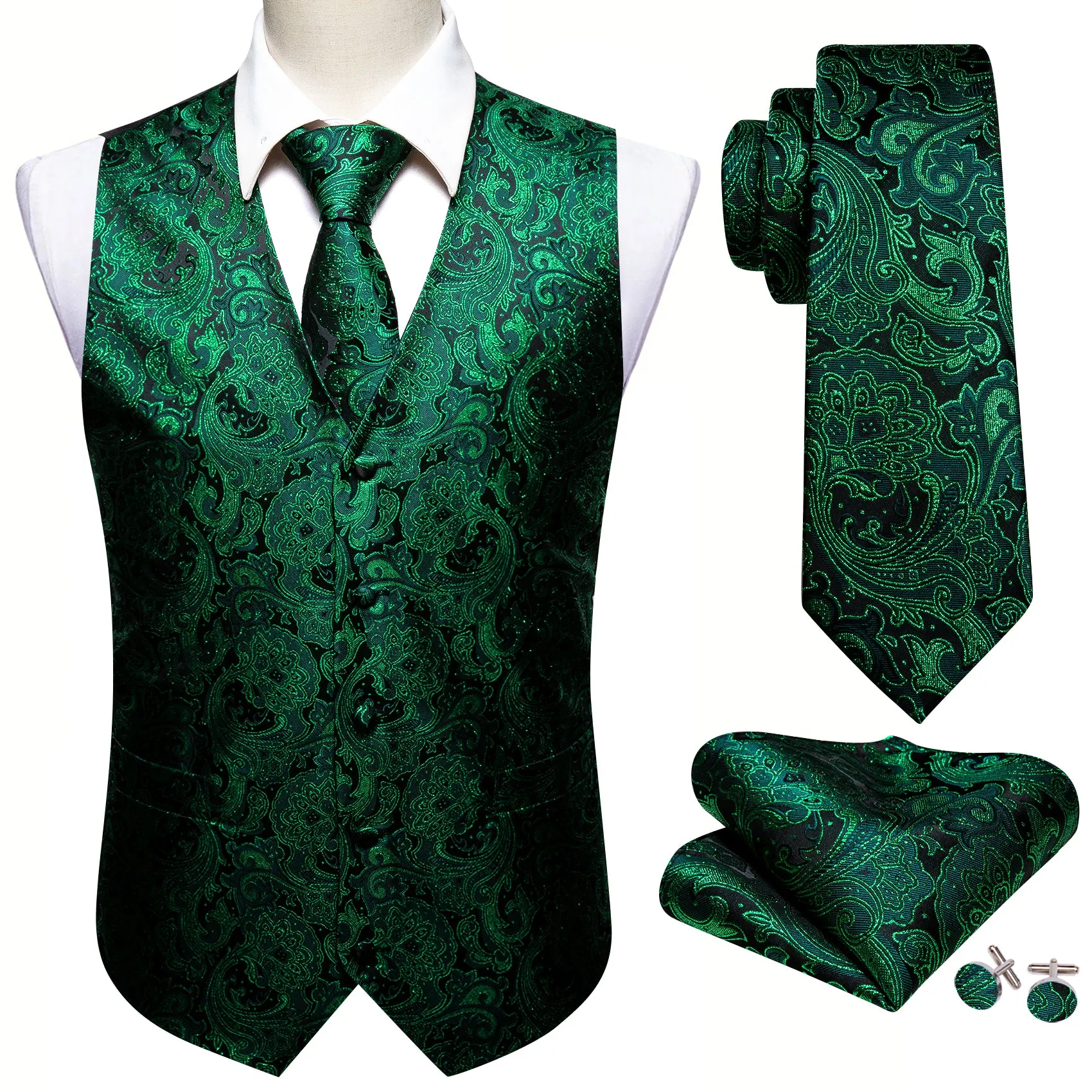 Barry. Wang Green Mens suit Vest Paisley Floral Jacquard Formal Waistcoat Pocket Square Cufflinks Set for For Tuxedo Wedding Party Business sold by Barrywang product image thumbnail 3