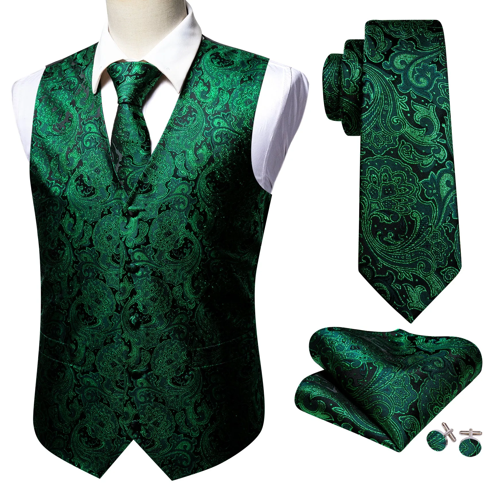 Barry. Wang Green Mens suit Vest Paisley Floral Jacquard Formal Waistcoat Pocket Square Cufflinks Set for For Tuxedo Wedding Party Business sold by Barrywang product image thumbnail 4