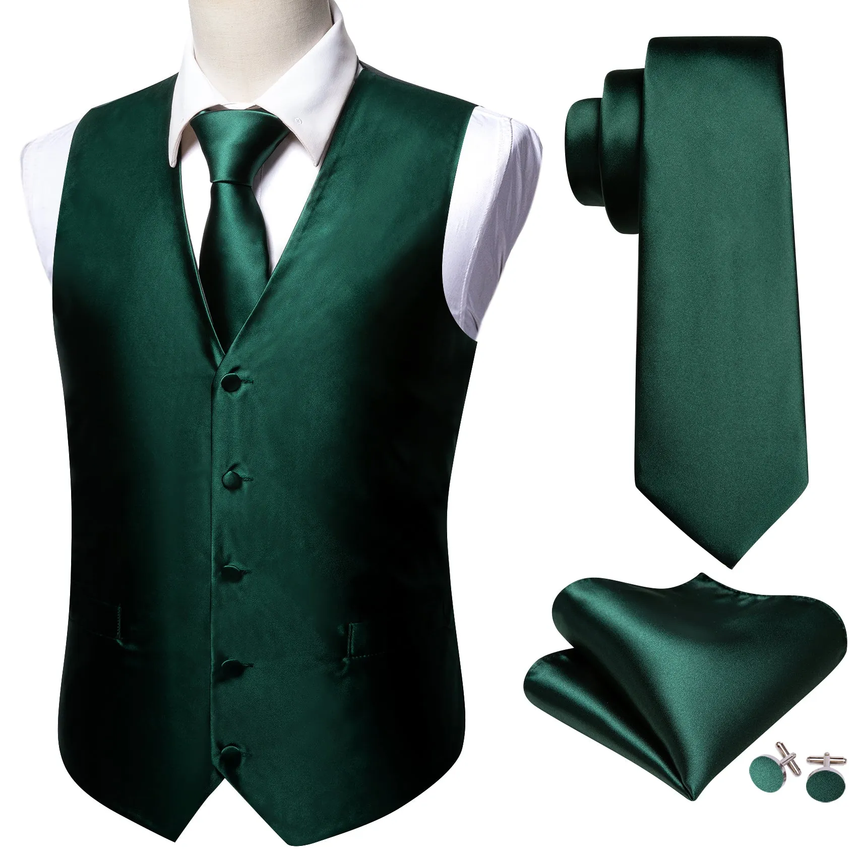 Barry. Wang Mens Hunter Green Suit Vest Formal V-neck Slim Fit Casual Solid Color Waistcoat Necktie Pocket Square Cufflinks Set Business sold by Barrywang product image thumbnail 4