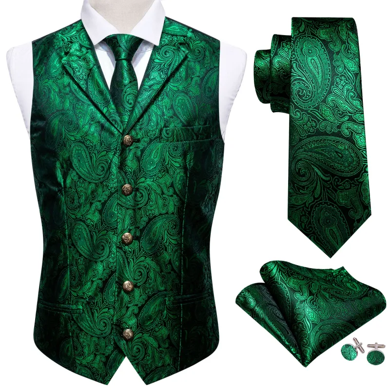 Barry. Wang Mens silk Emerald Green Collar Vest Paisley Jacquared Formal Suit Waistcoat Necktie Hanky Cufflinks Set for Wedding sold by Barrywang