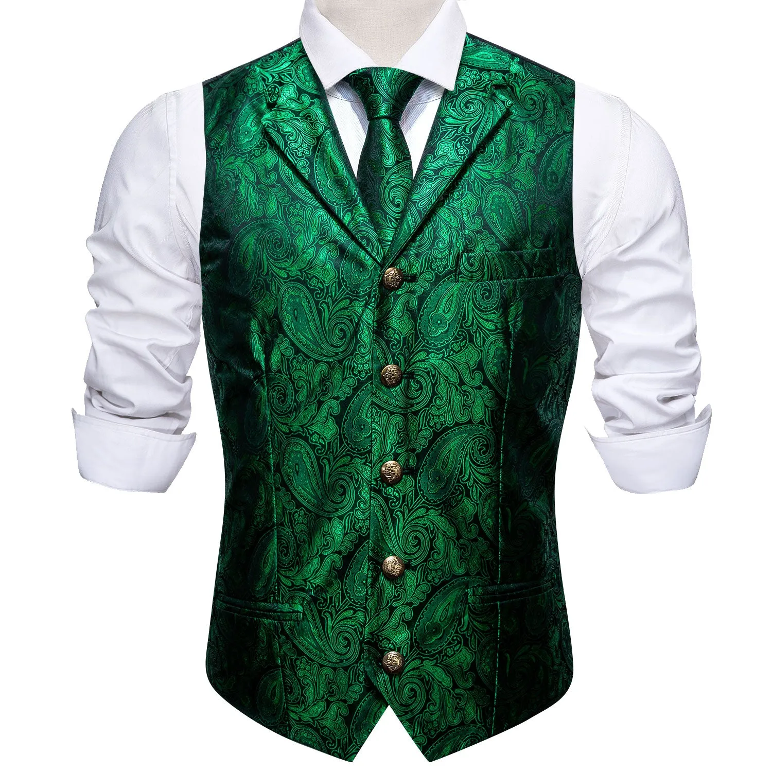 Barry. Wang Mens silk Emerald Green Collar Vest Paisley Jacquared Formal Suit Waistcoat Necktie Hanky Cufflinks Set for Wedding sold by Barrywang product image thumbnail 2