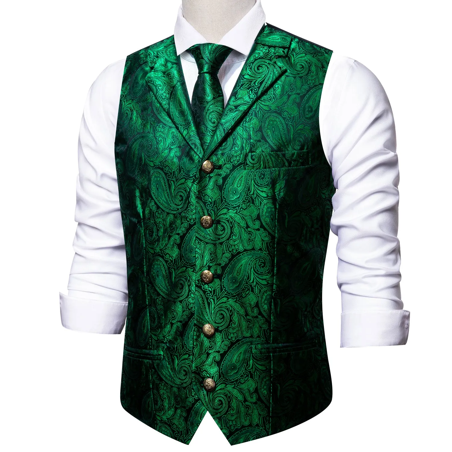 Barry. Wang Mens silk Emerald Green Collar Vest Paisley Jacquared Formal Suit Waistcoat Necktie Hanky Cufflinks Set for Wedding sold by Barrywang product image thumbnail 3