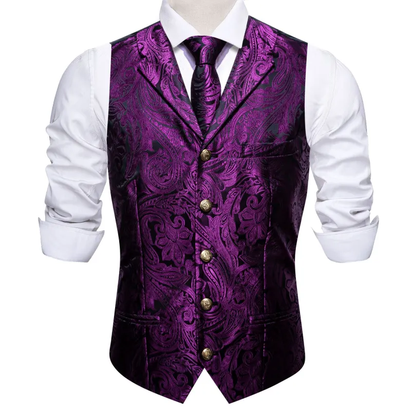 Barry. Wang Mens Silk Purple Collar Vest Paisley Jacquared Formal Suit Waistcoat Necktie Hanky Cufflinks Set sold by Barrywang