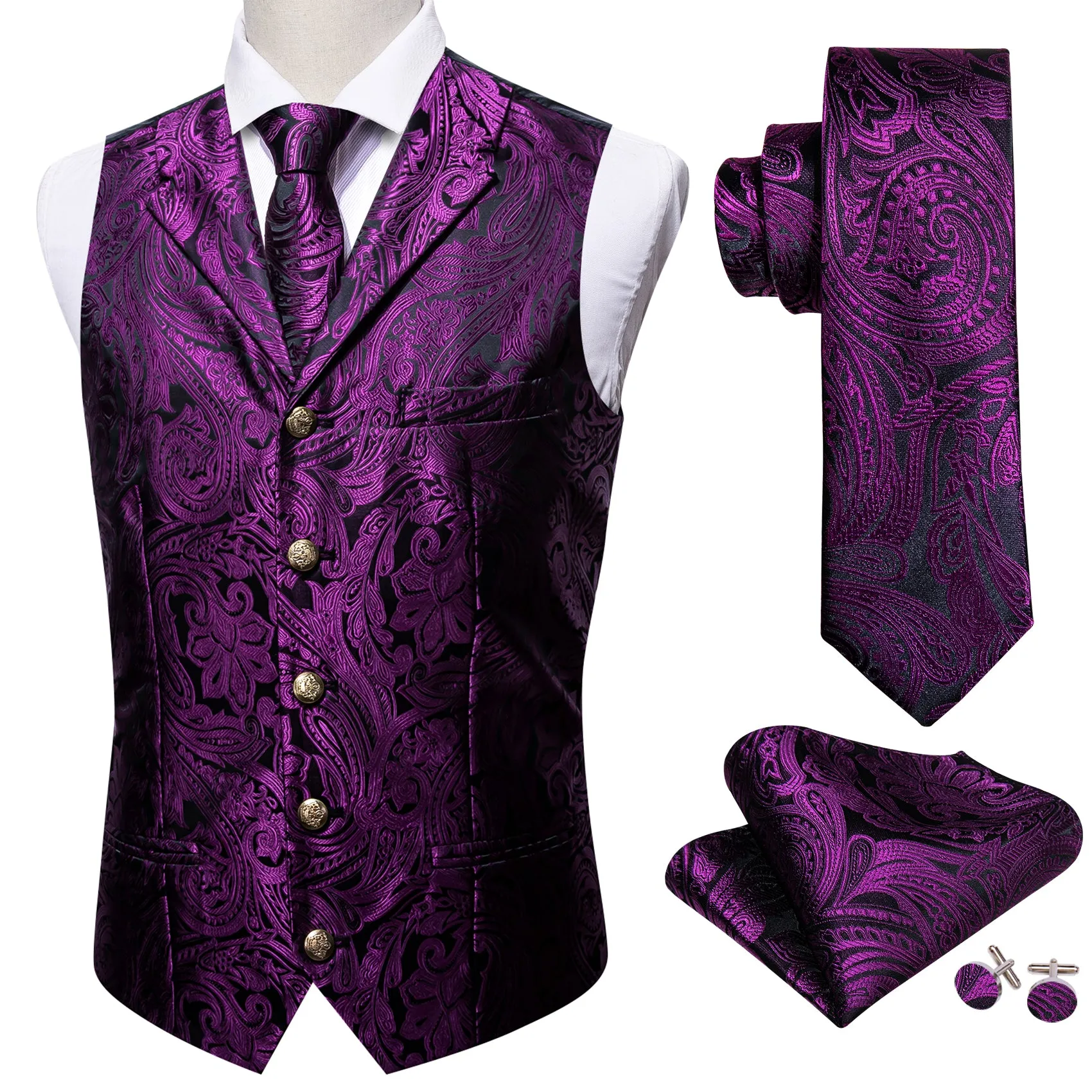 Barry. Wang Mens Silk Purple Collar Vest Paisley Jacquared Formal Suit Waistcoat Necktie Hanky Cufflinks Set sold by Barrywang product image thumbnail 2