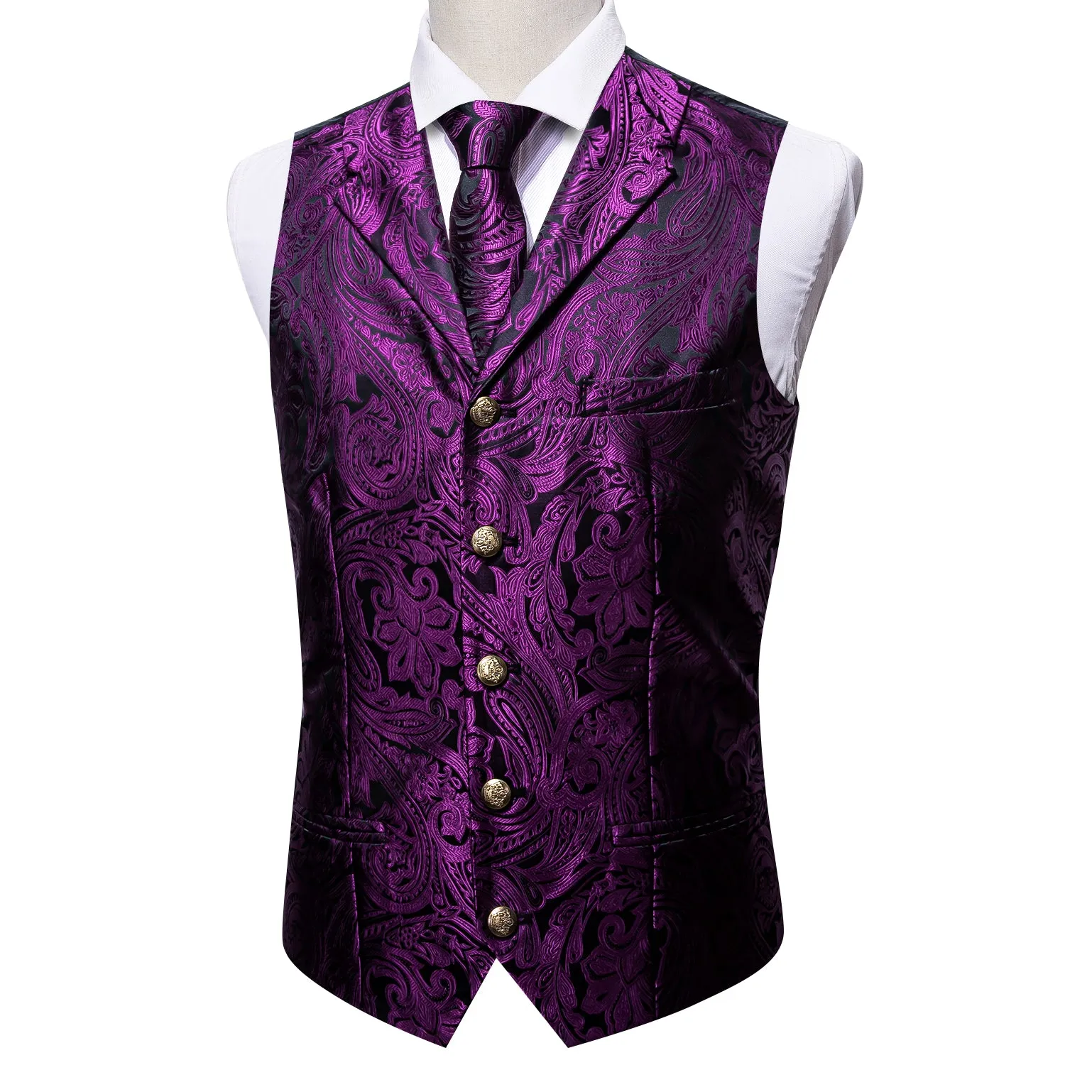 Barry. Wang Mens Silk Purple Collar Vest Paisley Jacquared Formal Suit Waistcoat Necktie Hanky Cufflinks Set sold by Barrywang product image thumbnail 5