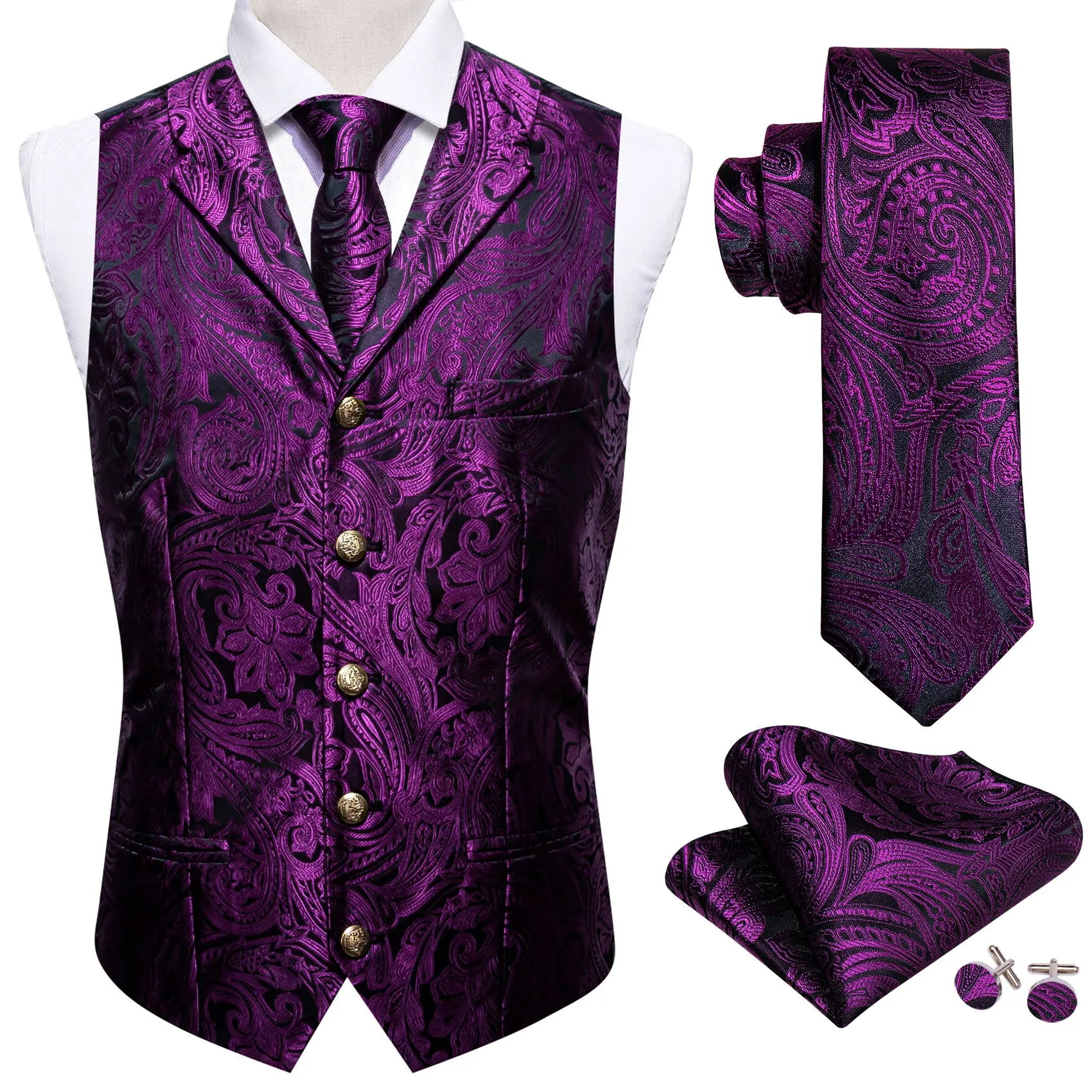 Barry. Wang Mens Silk Purple Collar Vest Paisley Jacquared Formal Suit Waistcoat Necktie Hanky Cufflinks Set sold by Barrywang product image thumbnail 3
