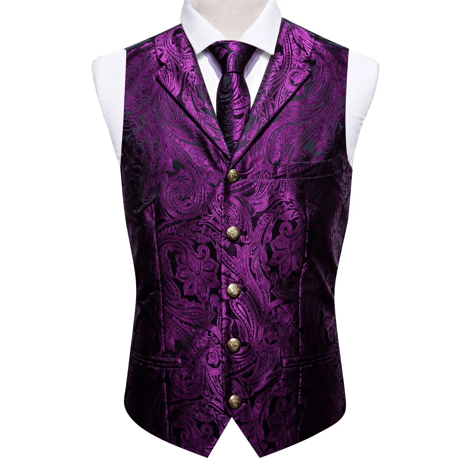 Barry. Wang Mens Silk Purple Collar Vest Paisley Jacquared Formal Suit Waistcoat Necktie Hanky Cufflinks Set sold by Barrywang product image thumbnail 4