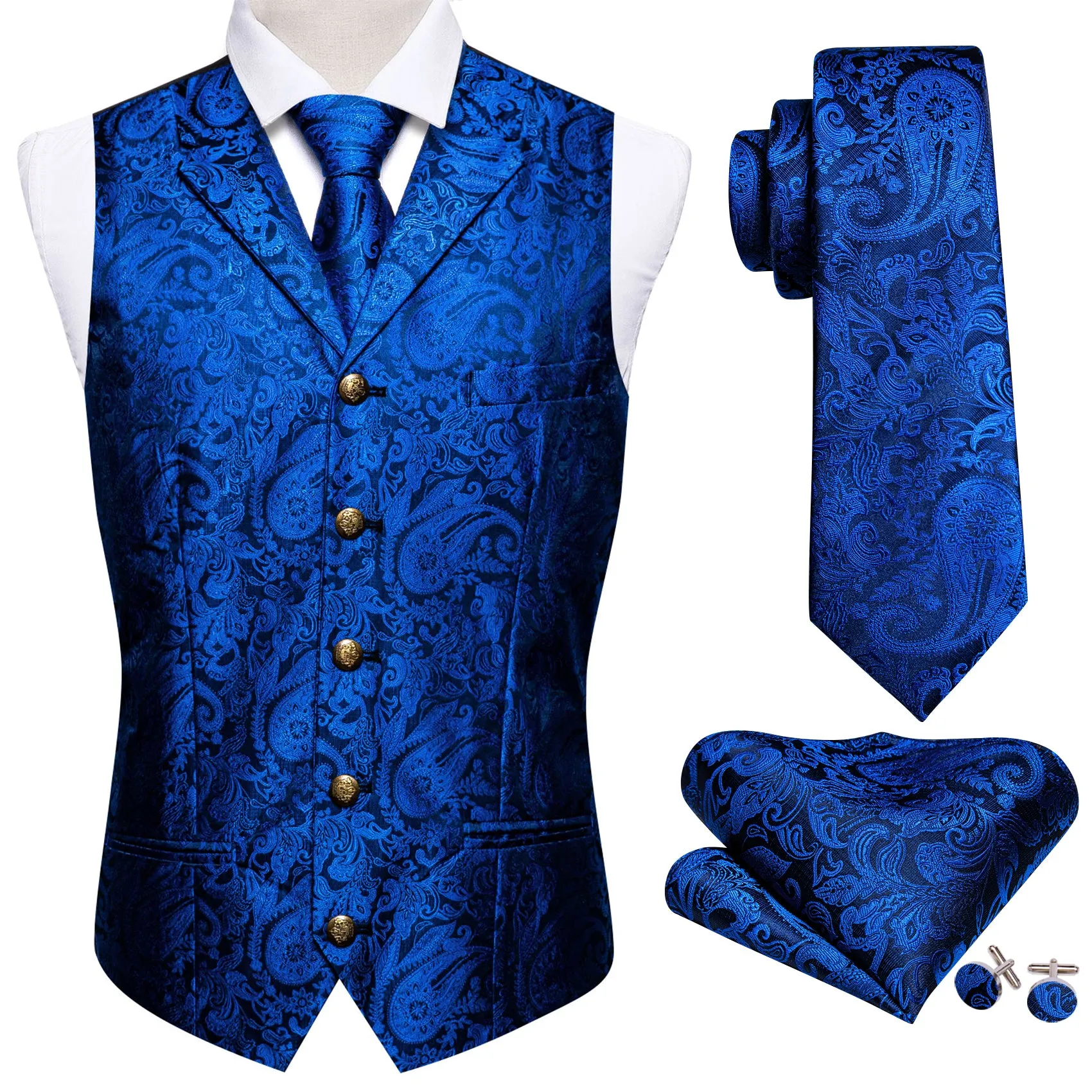 Barry. Wang Mens silk Royal Blue Collar Vest Paisley Jacquared Formal Suit Waistcoat Necktie Hanky Cufflinks Set for Wedding sold by Barrywang