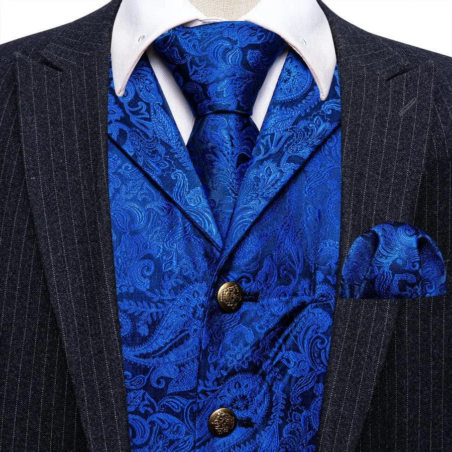 Barry. Wang Mens silk Royal Blue Collar Vest Paisley Jacquared Formal Suit Waistcoat Necktie Hanky Cufflinks Set for Wedding sold by Barrywang product image thumbnail 3
