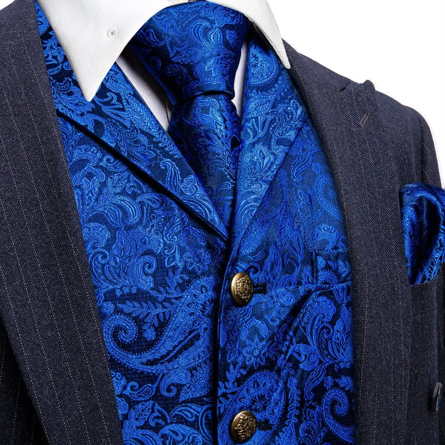 Barry. Wang Mens silk Royal Blue Collar Vest Paisley Jacquared Formal Suit Waistcoat Necktie Hanky Cufflinks Set for Wedding sold by Barrywang product image thumbnail 2