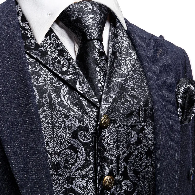 Barry. Wang Mens Silk Black Collar Vest Grey Paisley Jacquared Formal Suit Waistcoat Necktie Hanky Cufflinks Set for Wedding sold by Barrywang