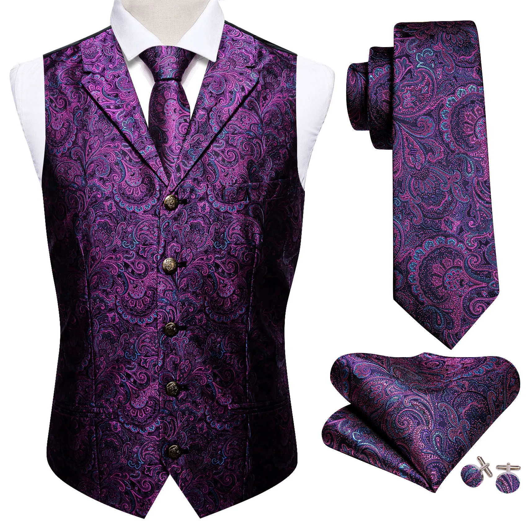Barry. Wang Mens Silk Purple Collar Vest Paisley Jacquared Formal Suit Waistcoat Necktie Hanky Cufflinks Set for Wedding sold by Barrywang