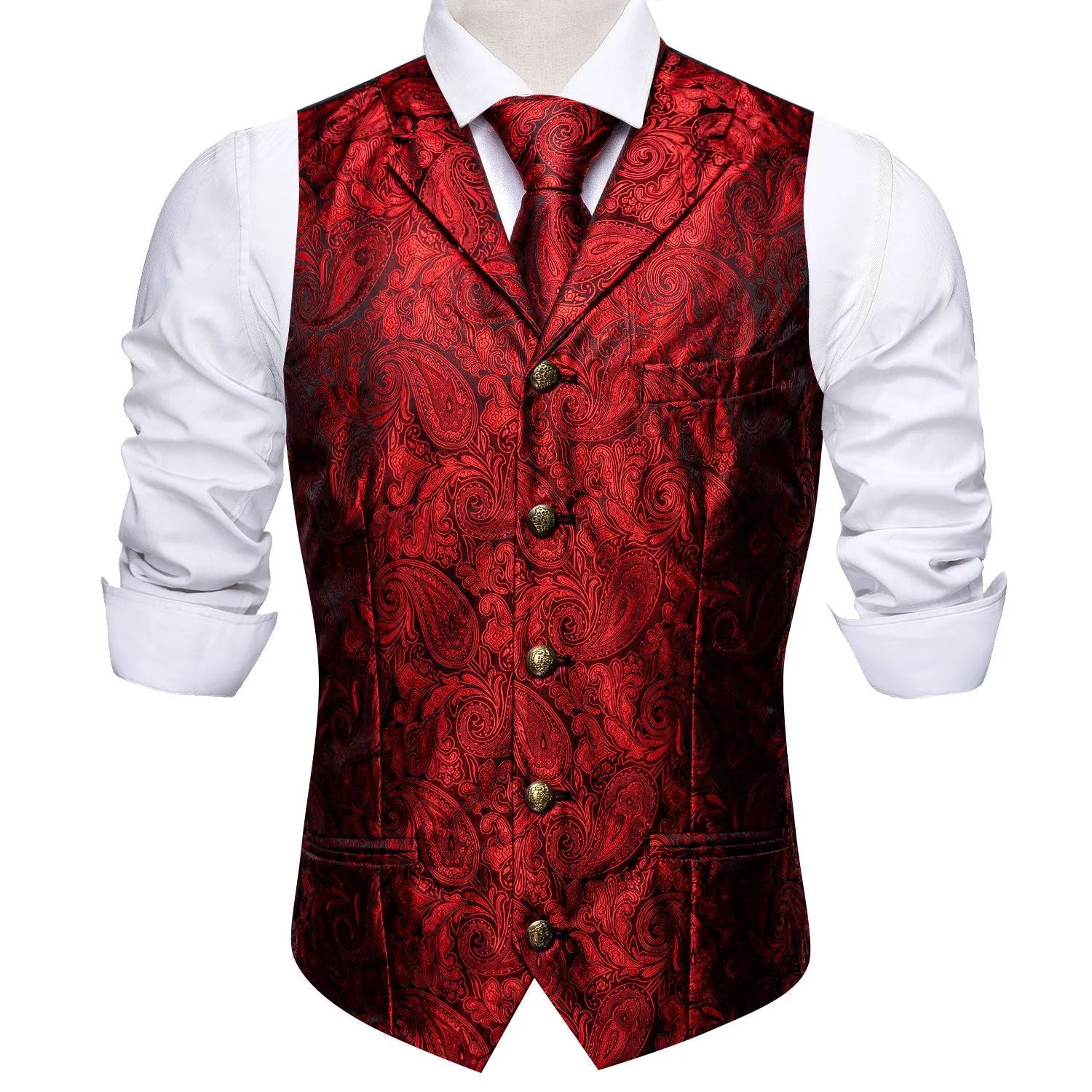 Barry. Wang Mens Silk Red Collar Vest Paisley Jacquared Formal Suit Waistcoat Necktie Hanky Cufflinks Set for Wedding sold by Barrywang product image thumbnail 5