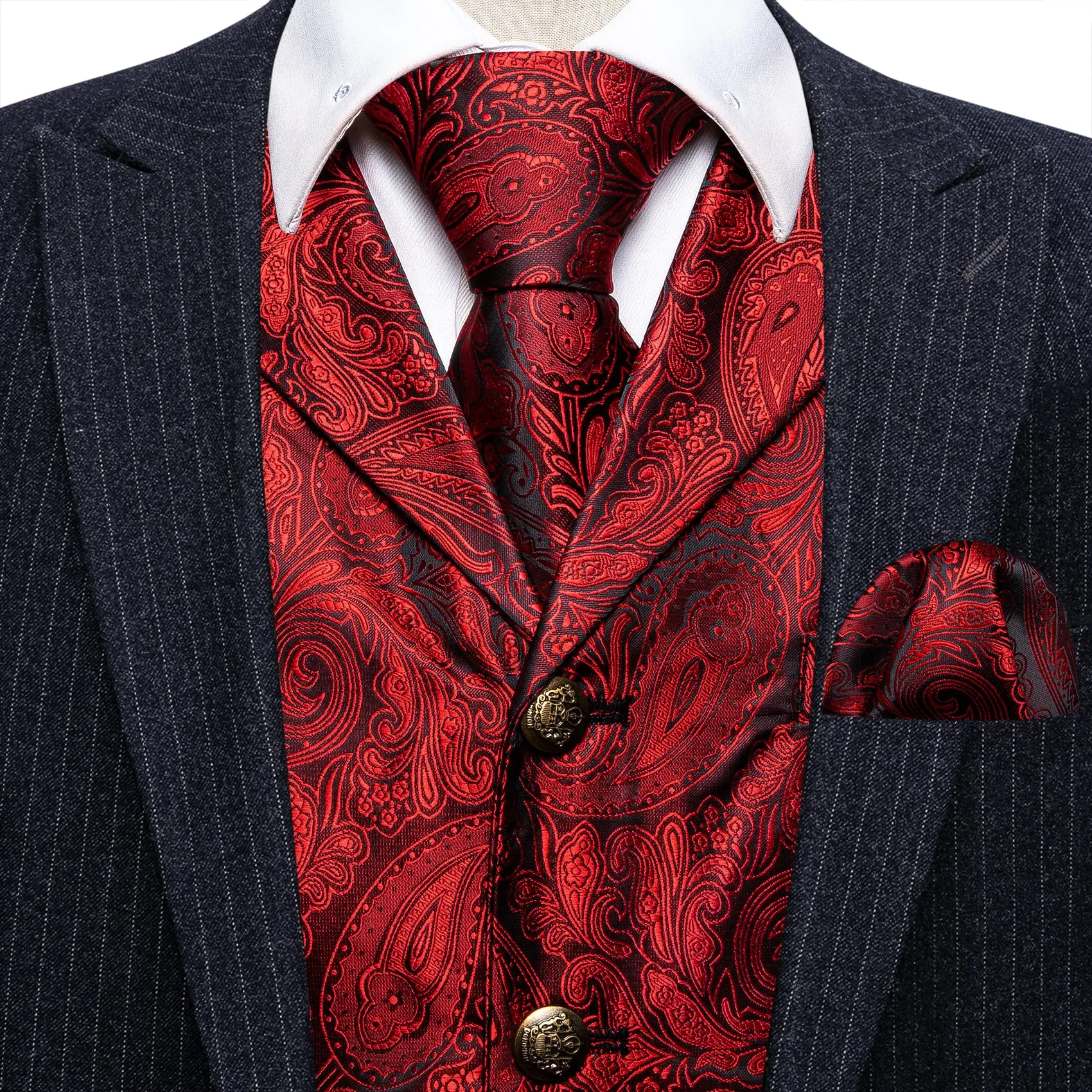 Barry. Wang Mens Silk Red Collar Vest Paisley Jacquared Formal Suit Waistcoat Necktie Hanky Cufflinks Set for Wedding sold by Barrywang product image thumbnail 3