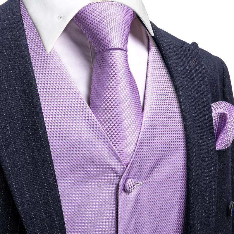 Barry. Wang Mens Lavender Suit Vest Silk Plaid Jacquard Dress Vest Necktie Pocket Square Set for Wedding Party sold by Barrywang