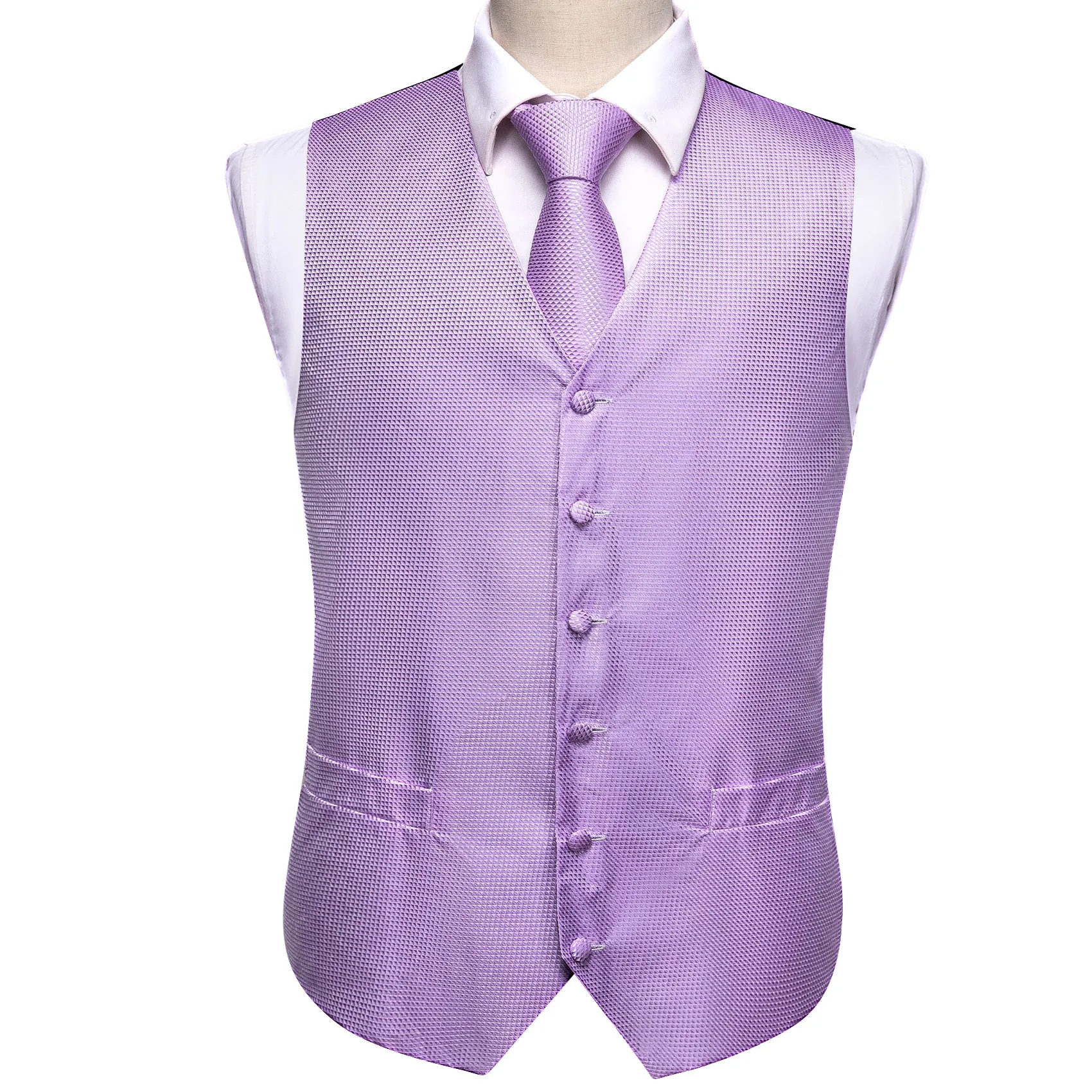Barry. Wang Mens Lavender Suit Vest Silk Plaid Jacquard Dress Vest Necktie Pocket Square Set for Wedding Party sold by Barrywang product image thumbnail 4
