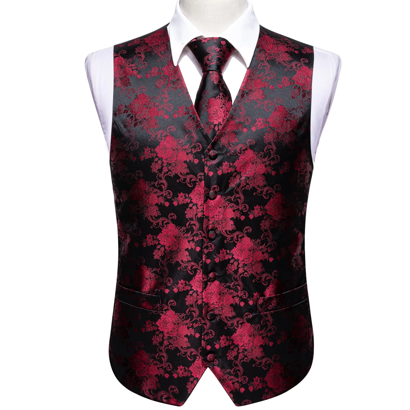 Barry. Wang Mens Suit Vest Black Burgundy Paisley Floral Jacquared Formal Dress Waistcoat Necktie Pocket Square Cufflinks Set sold by Barrywang product image thumbnail 4