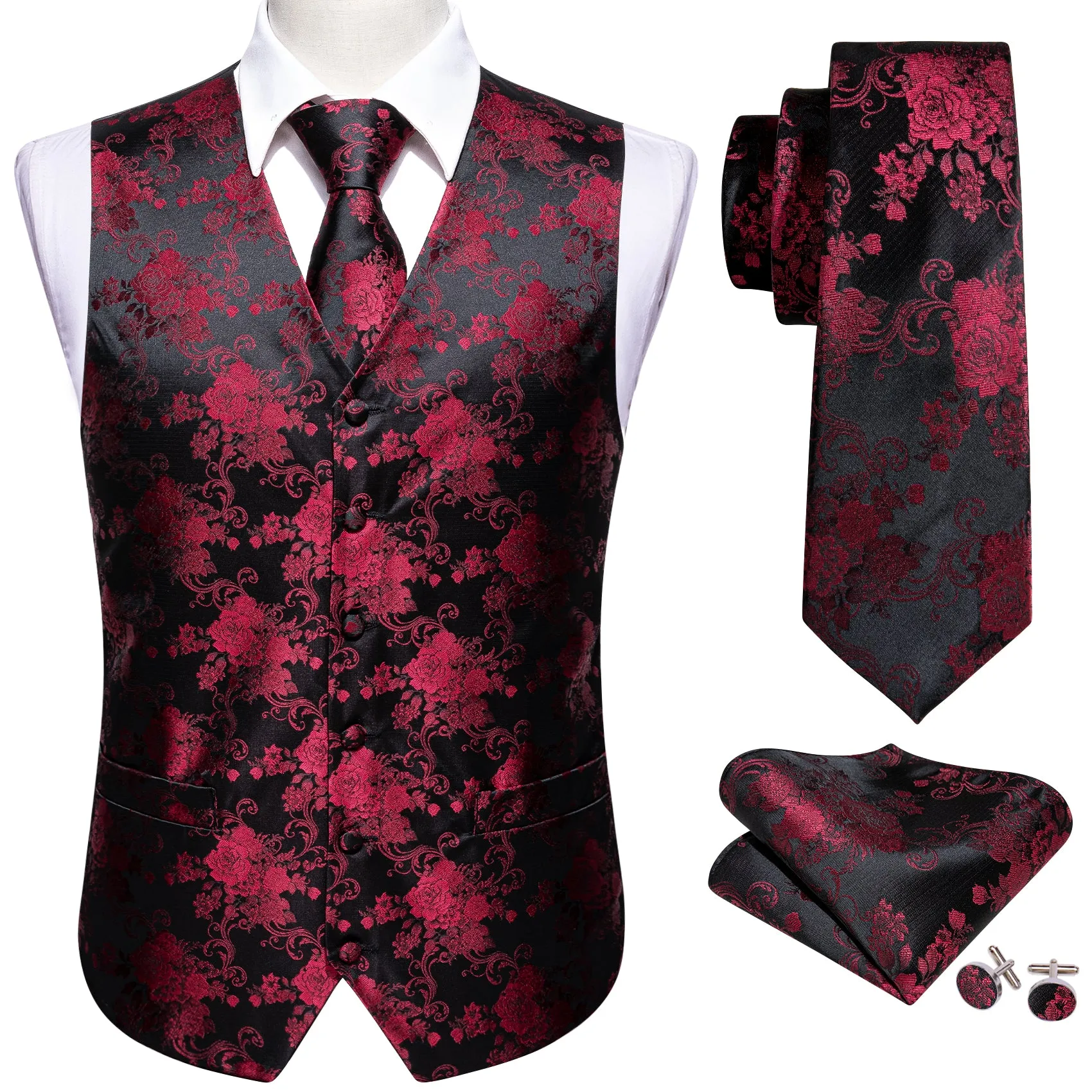 Barry. Wang Mens Suit Vest Black Burgundy Paisley Floral Jacquared Formal Dress Waistcoat Necktie Pocket Square Cufflinks Set sold by Barrywang product image thumbnail 2