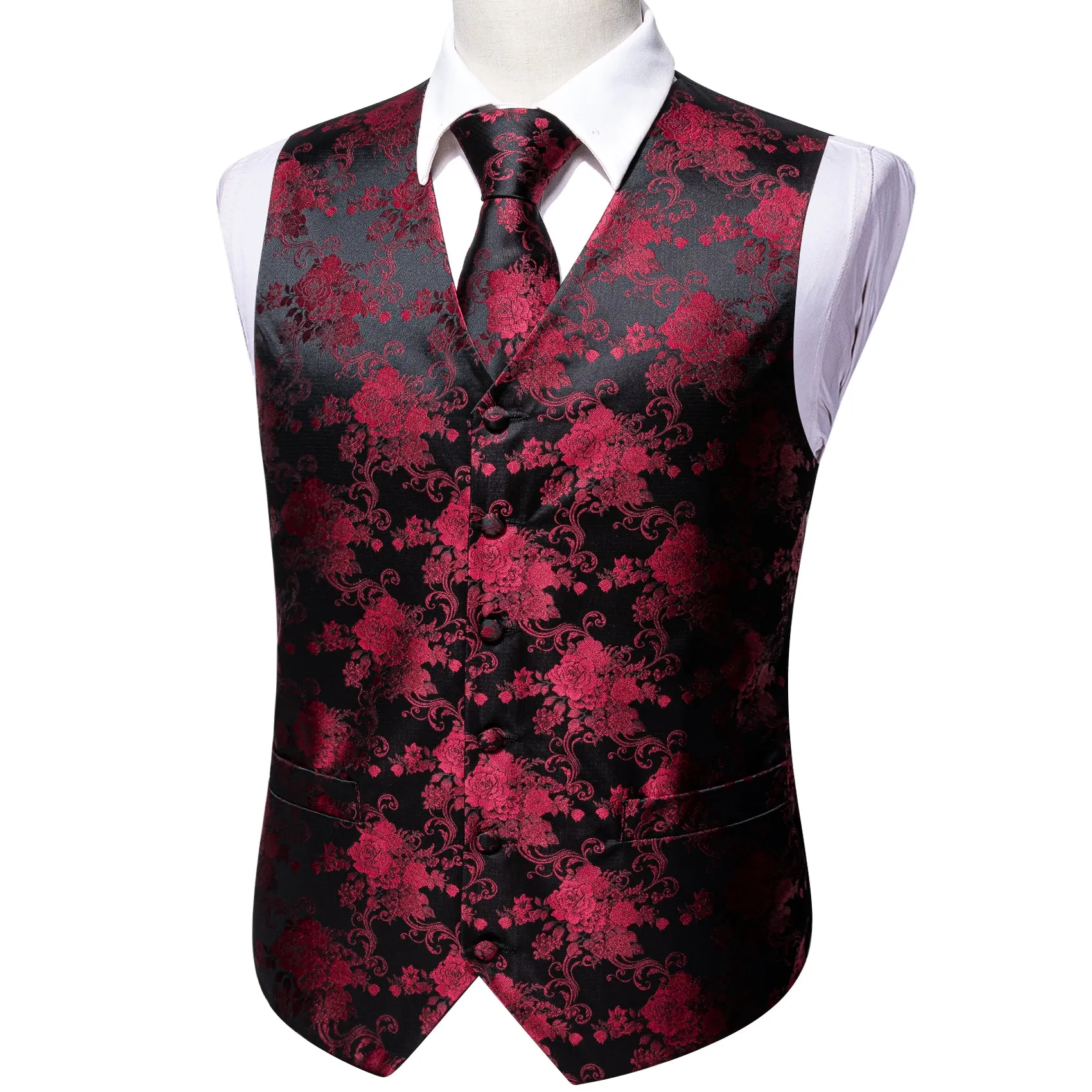 Barry. Wang Mens Suit Vest Black Burgundy Paisley Floral Jacquared Formal Dress Waistcoat Necktie Pocket Square Cufflinks Set sold by Barrywang product image thumbnail 5