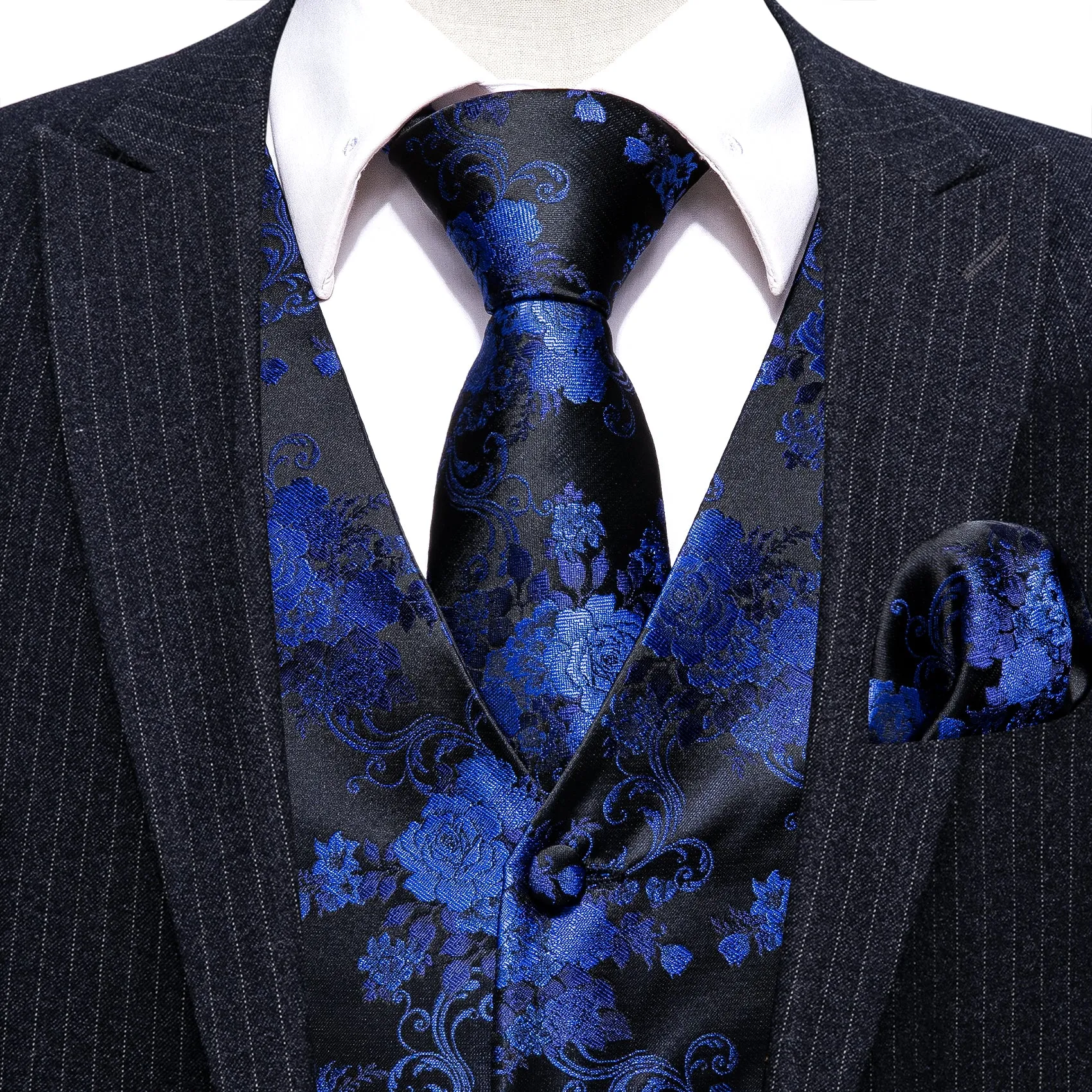 Barry. Wang Mens silk Collar Vest Black Navy Blue Paisley Jacquared Formal Suit Waistcoat Necktie Hanky Cufflinks Set for Wedding sold by Barrywang product image thumbnail 2