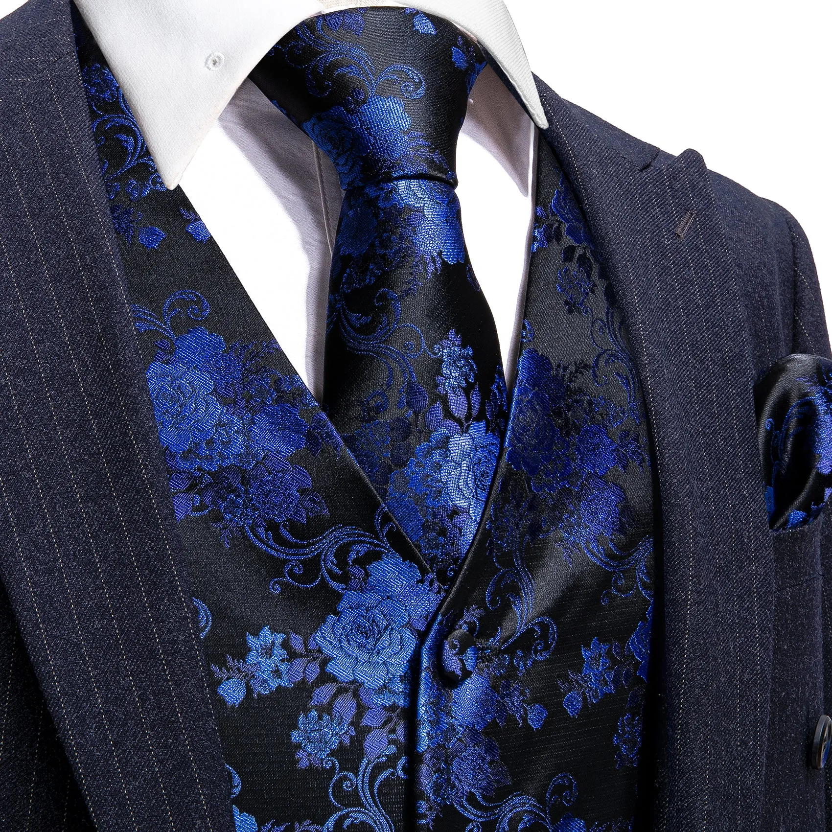 Barry. Wang Mens silk Collar Vest Black Navy Blue Paisley Jacquared Formal Suit Waistcoat Necktie Hanky Cufflinks Set for Wedding sold by Barrywang