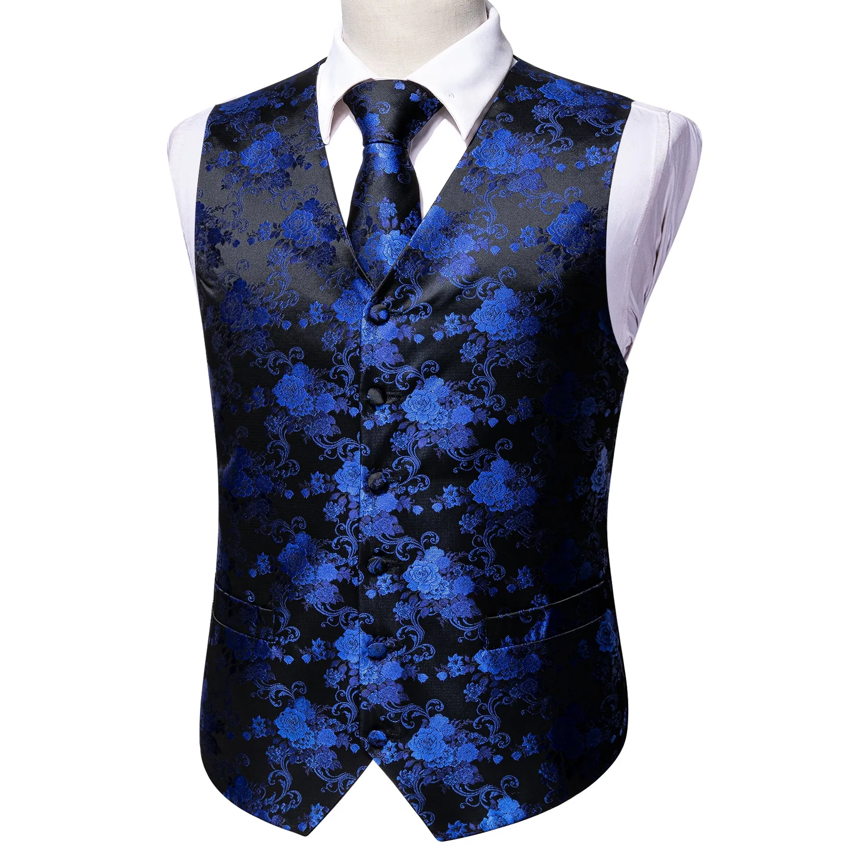 Barry. Wang Mens silk Collar Vest Black Navy Blue Paisley Jacquared Formal Suit Waistcoat Necktie Hanky Cufflinks Set for Wedding sold by Barrywang product image thumbnail 4