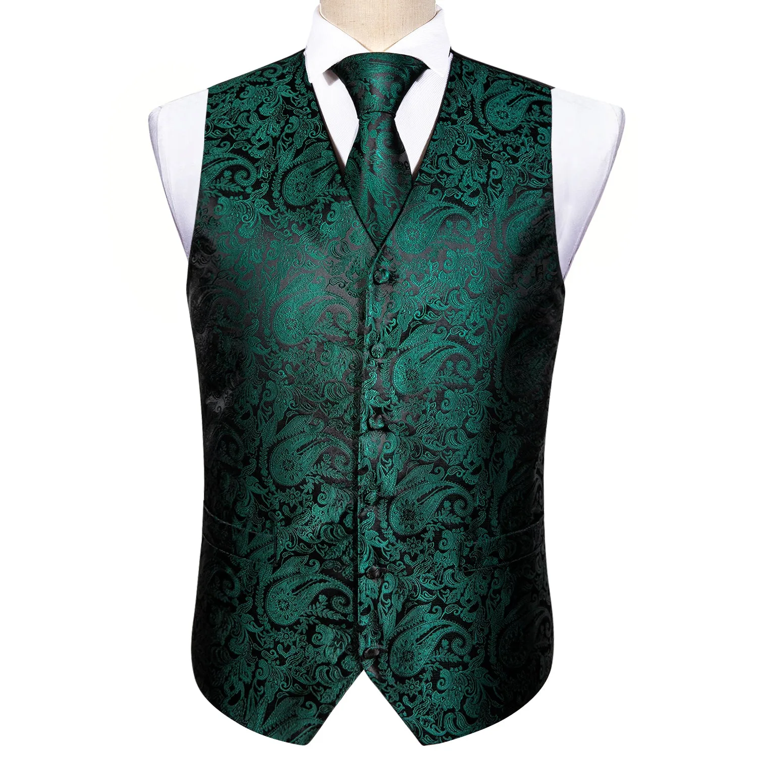 Barry. Wang Hunter Green Mens suit Vest Paisley Floral Jacquard Formal Waistcoat Pocket Square Cufflinks Set for For Tuxedo Wedding Party Business sold by Barrywang product image thumbnail 3