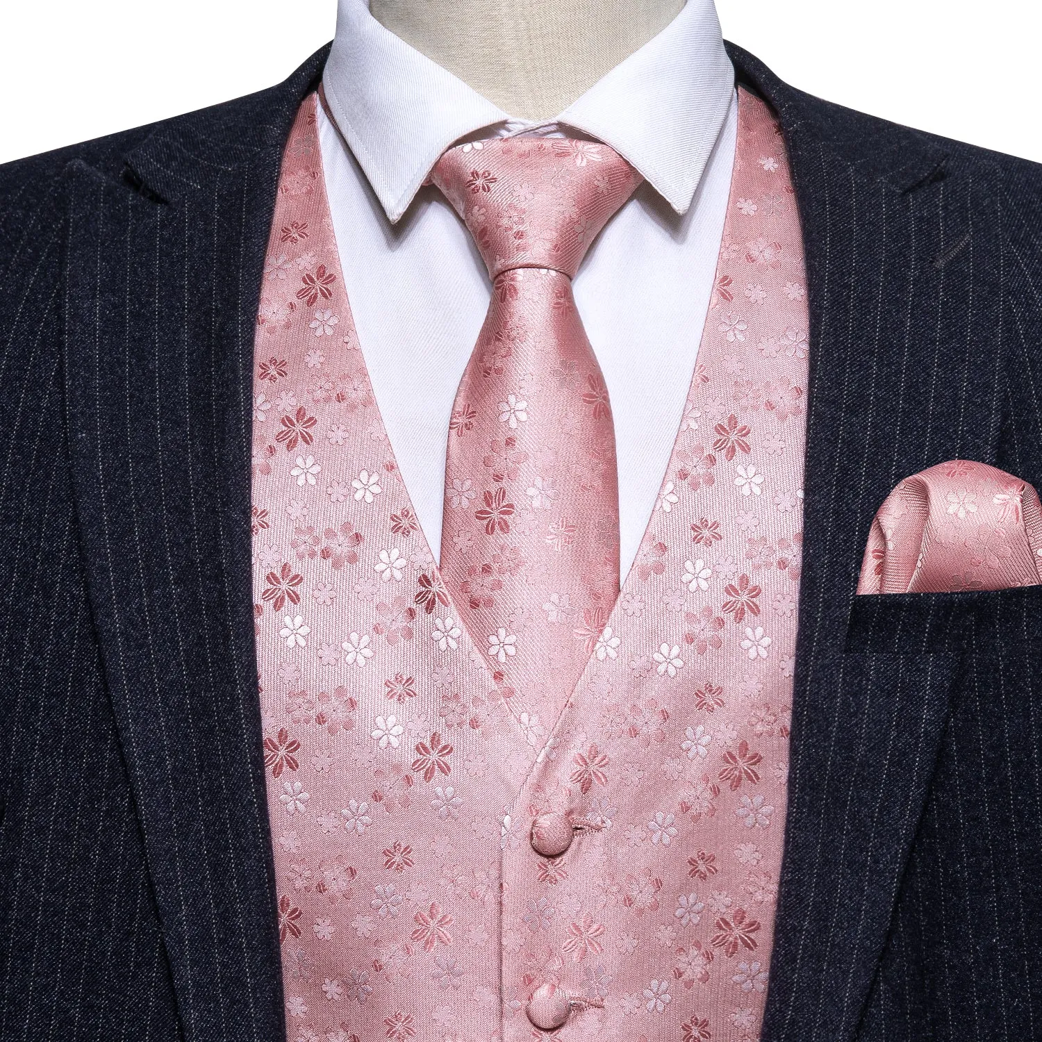 Barry. Wang Mens Pink Suit Vest Wedding Floral Jacquard Waistcoat Silk Business Casual Vest Necktie Pocket Square Set sold by Barrywang product image thumbnail 2