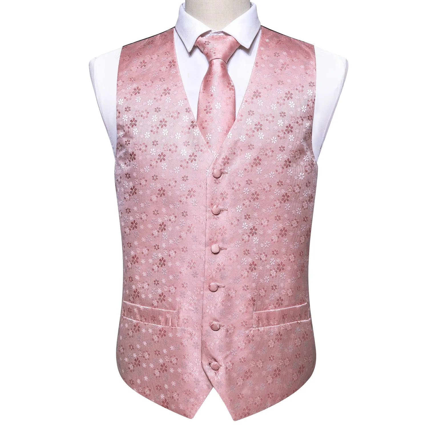 Barry. Wang Mens Pink Suit Vest Wedding Floral Jacquard Waistcoat Silk Business Casual Vest Necktie Pocket Square Set sold by Barrywang product image thumbnail 3