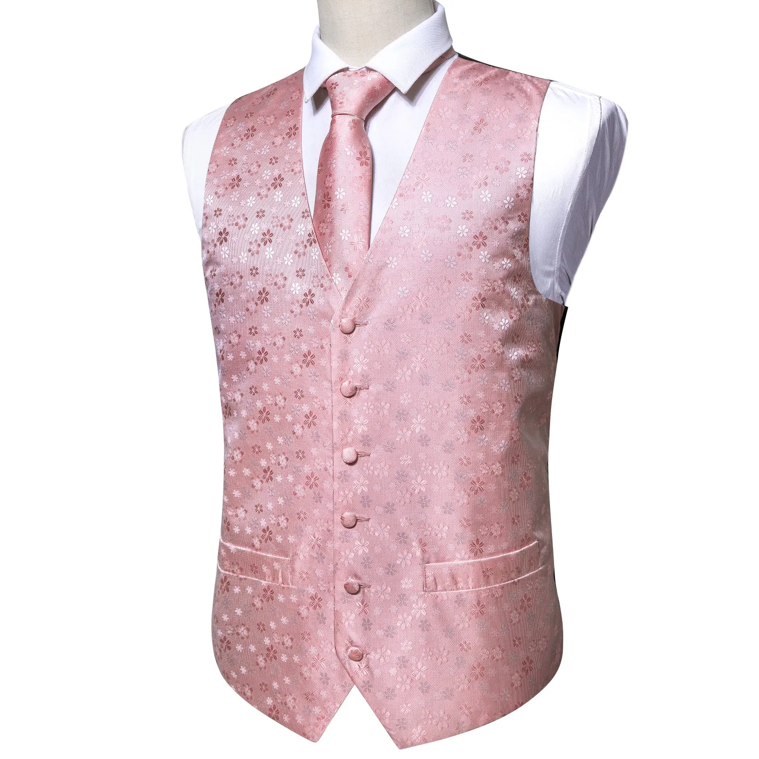 Barry. Wang Mens Pink Suit Vest Wedding Floral Jacquard Waistcoat Silk Business Casual Vest Necktie Pocket Square Set sold by Barrywang product image thumbnail 4