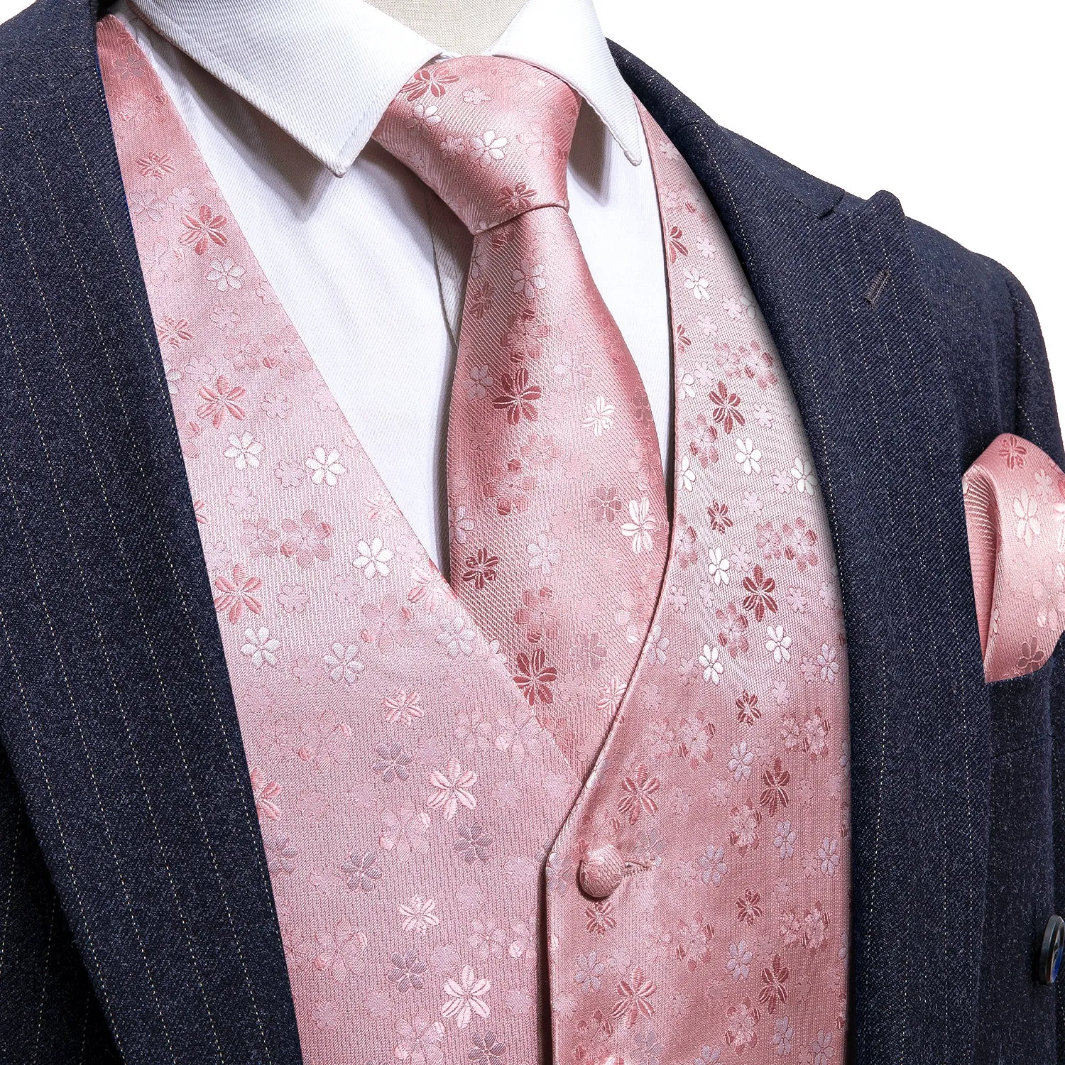 Barry. Wang Mens Pink Suit Vest Wedding Floral Jacquard Waistcoat Silk Business Casual Vest Necktie Pocket Square Set sold by Barrywang